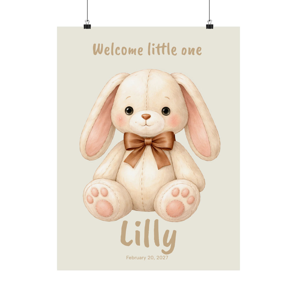 Personalized plush bunny with bow tie nursery poster, custom baby name and birth date