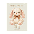 Personalized plush bunny with bow tie nursery poster, custom baby name and birth date