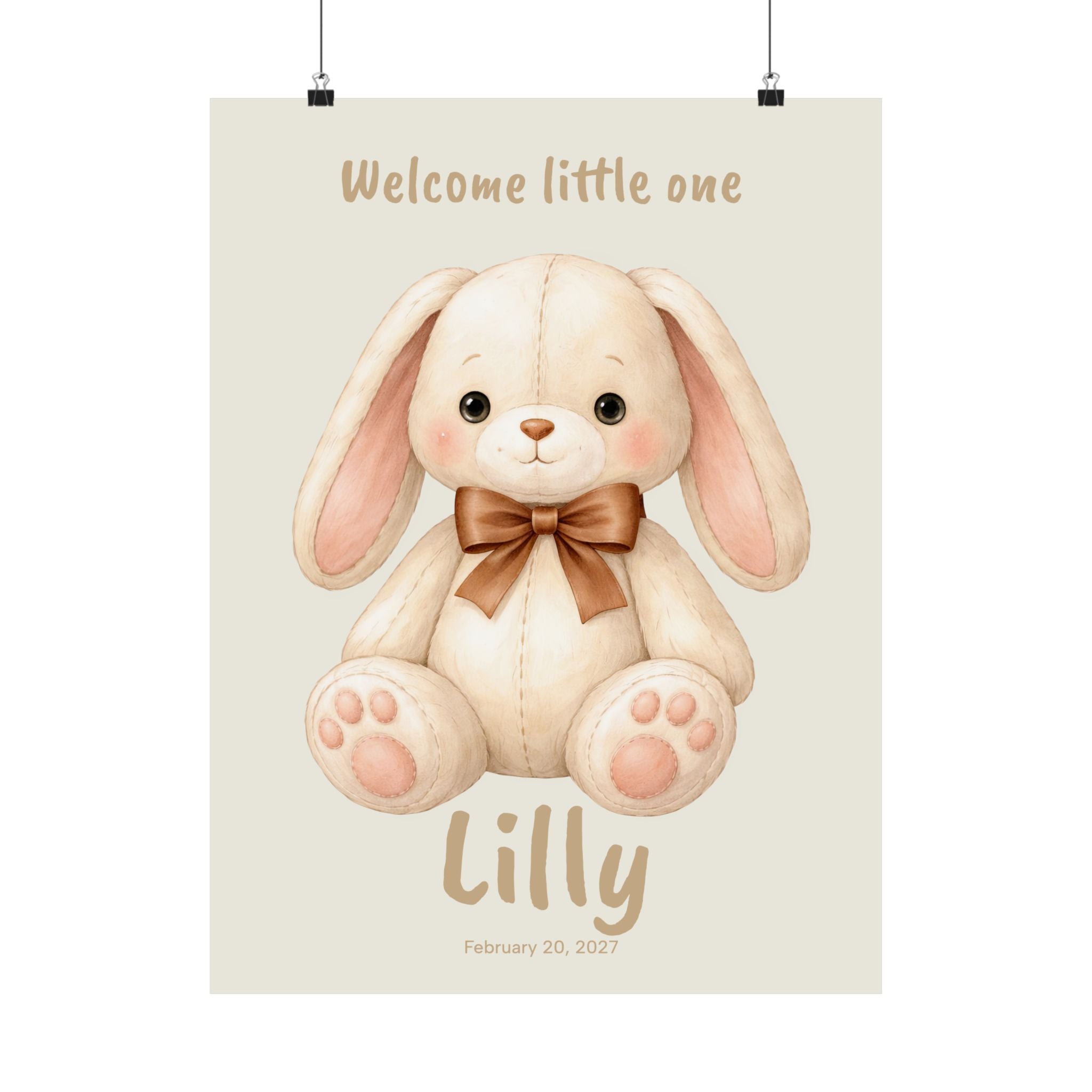 Personalized plush bunny with bow tie nursery poster, custom baby name and birth date