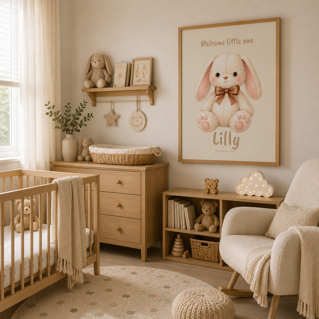 Cream plush bunny baby name poster displayed in nursery room setting