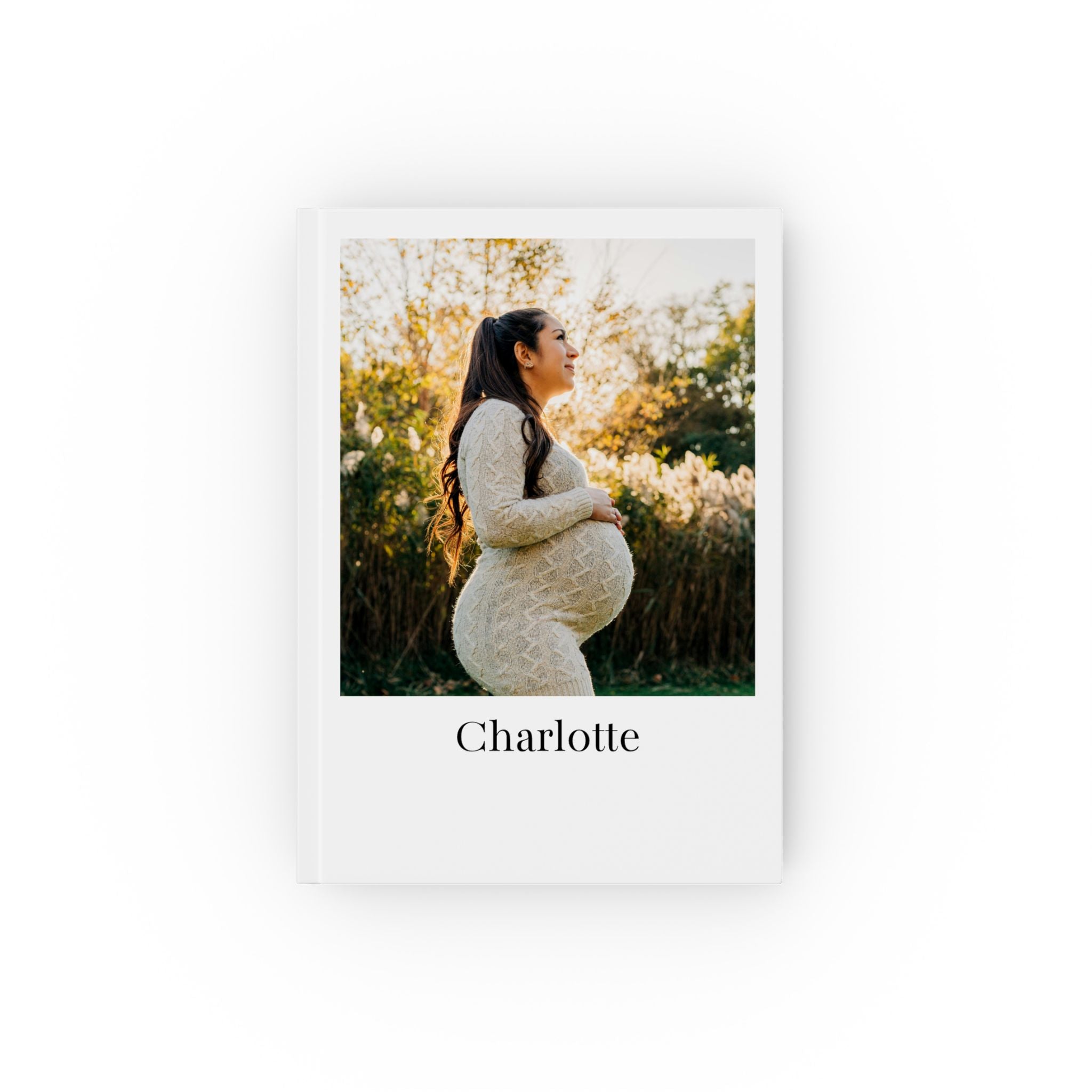 Personalized pregnancy journal classic – white hardcover with maternity photo and name Charlotte in serif font