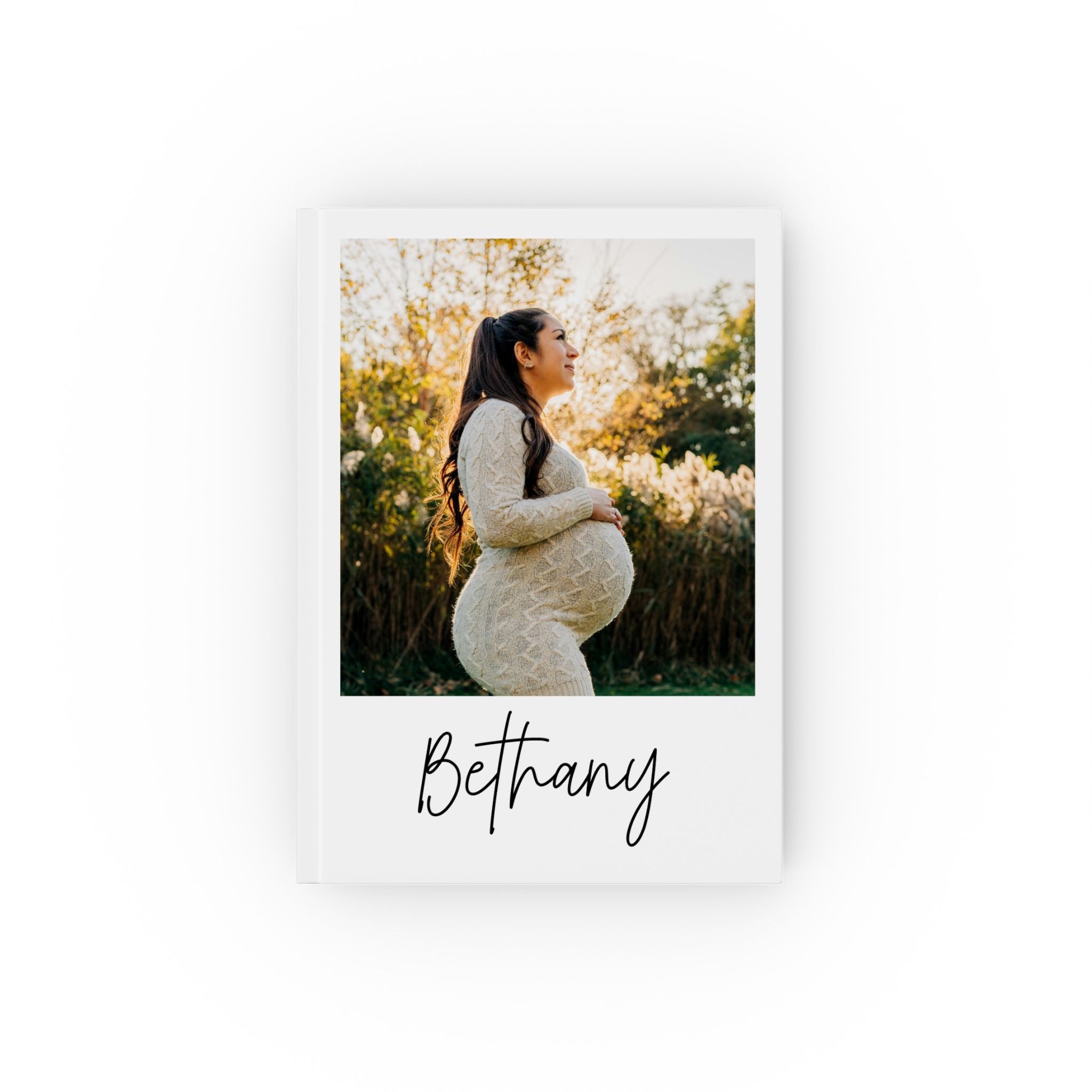Personalized pregnancy journal script – white hardcover with maternity photo and name Bethany in handwritten font