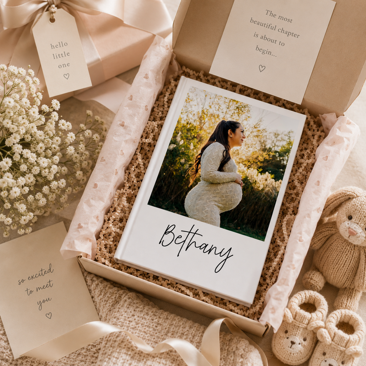Personalized maternity journal lifestyle – pregnancy photo notebook on nightstand