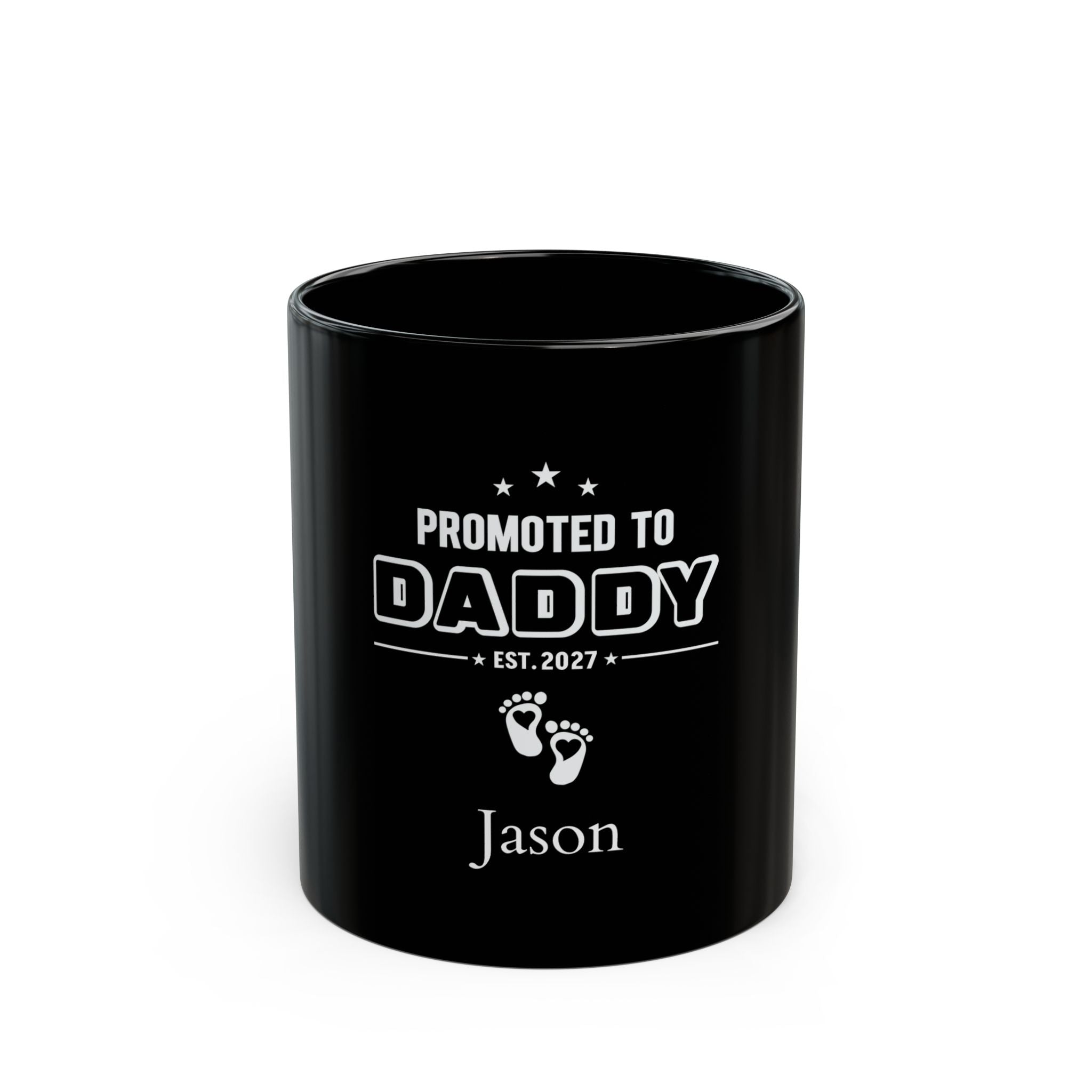Personalized Promoted to Daddy mug - bold varsity typography with custom name and year on glossy black 11oz ceramic