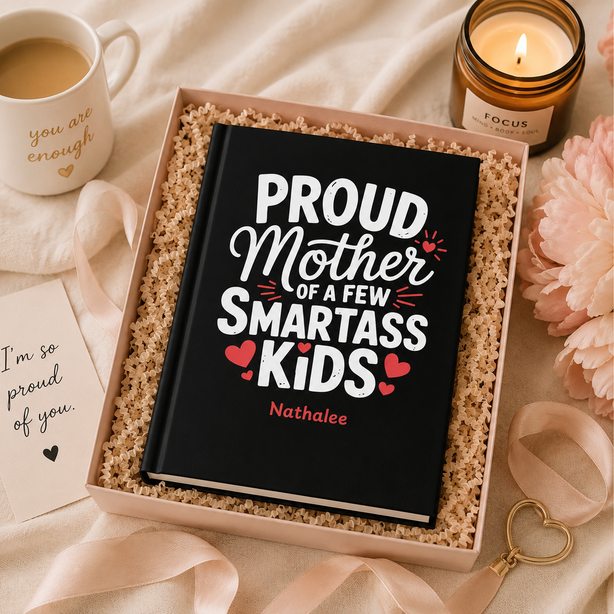Personalized mom journal lifestyle – Proud Mother black notebook on desk