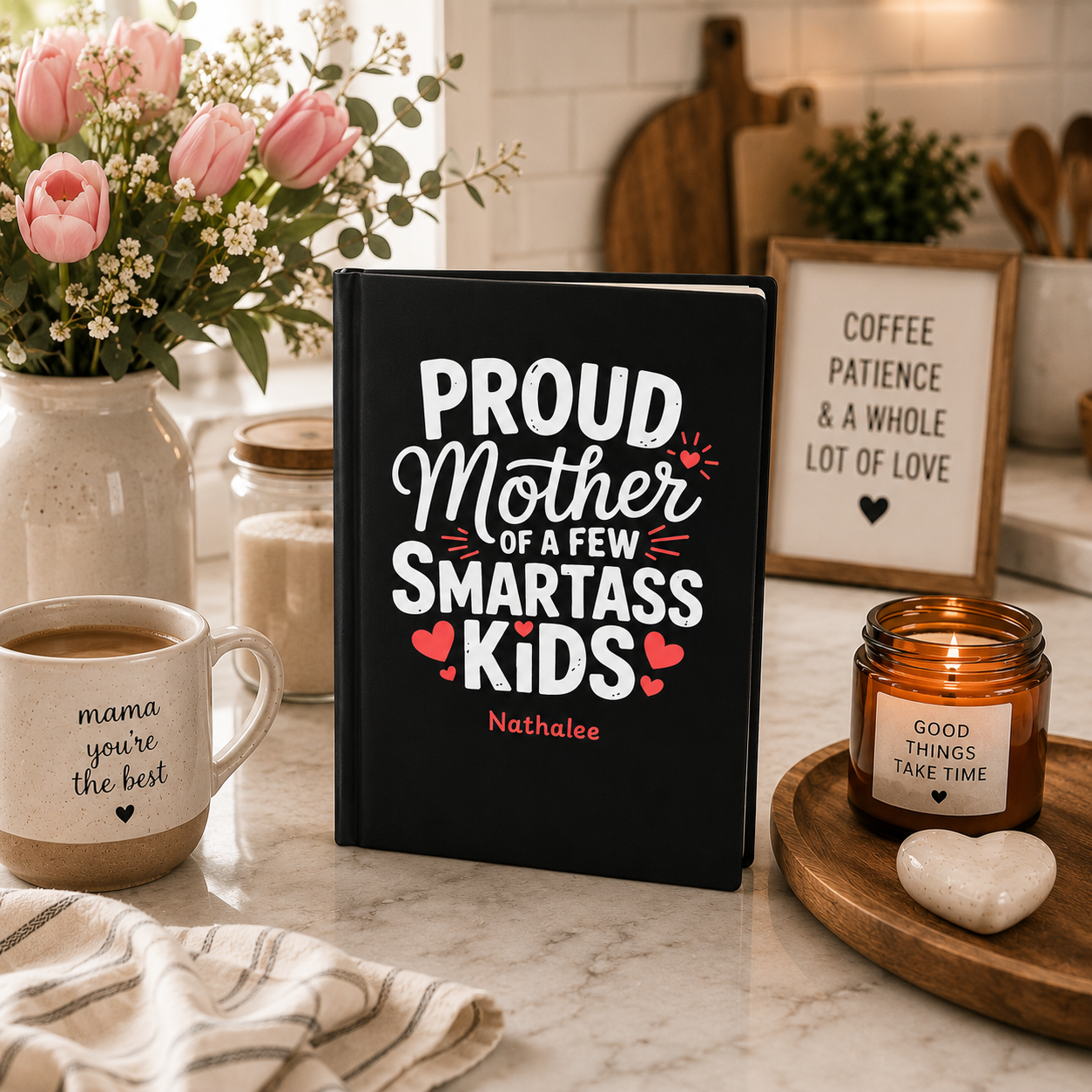Proud Mother funny journal open flat – casewrap binding and quality 90gsm pages