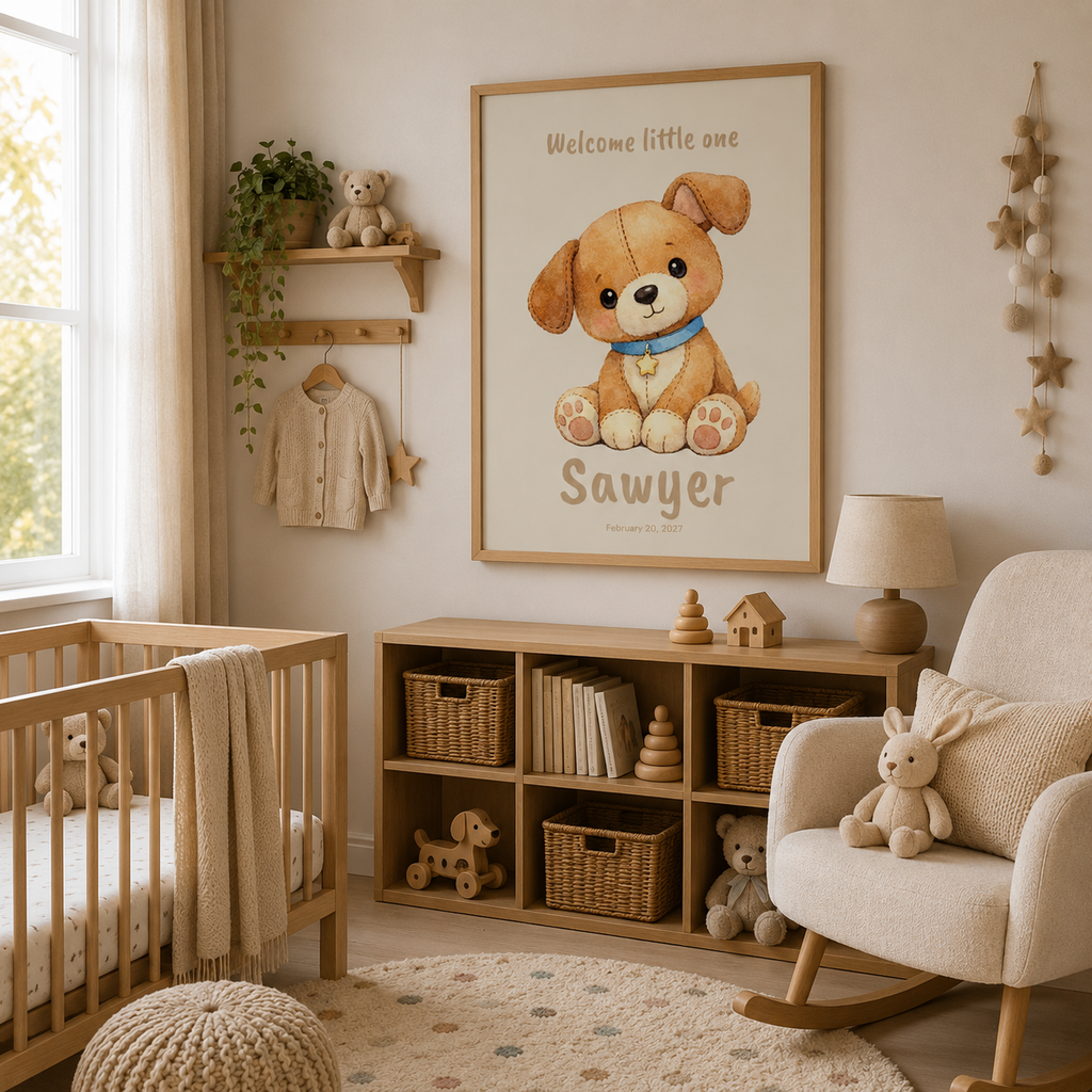 Close-up of puppy nursery poster showing personalized name and birth date
