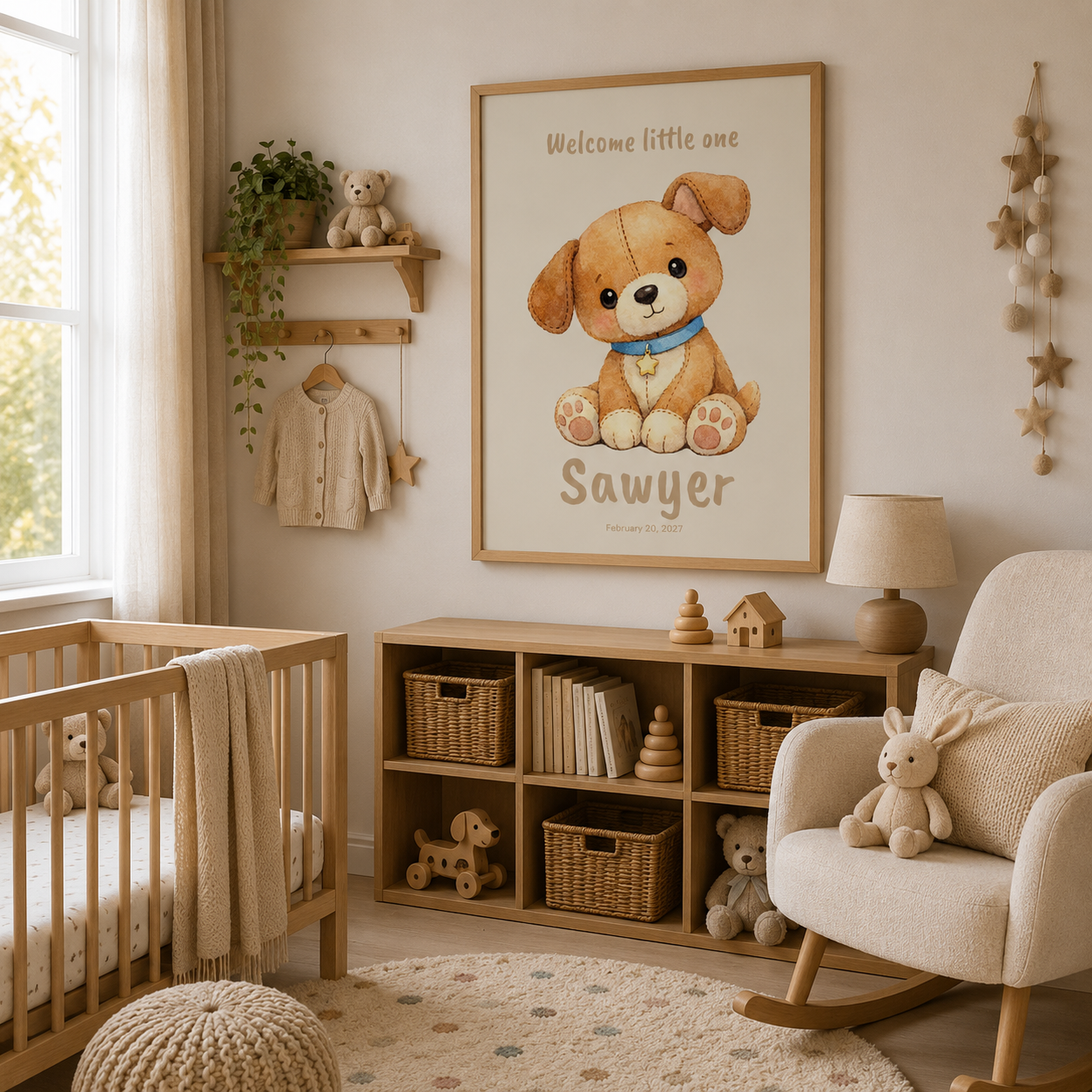 Close-up of puppy nursery poster showing personalized name and birth date