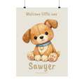 Personalized puppy nursery poster with blue collar and star tag, custom baby name and birth date