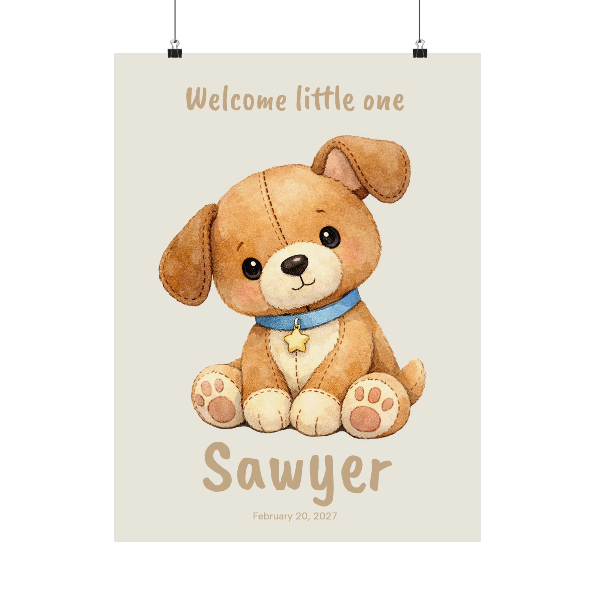 Personalized puppy nursery poster with blue collar and star tag, custom baby name and birth date