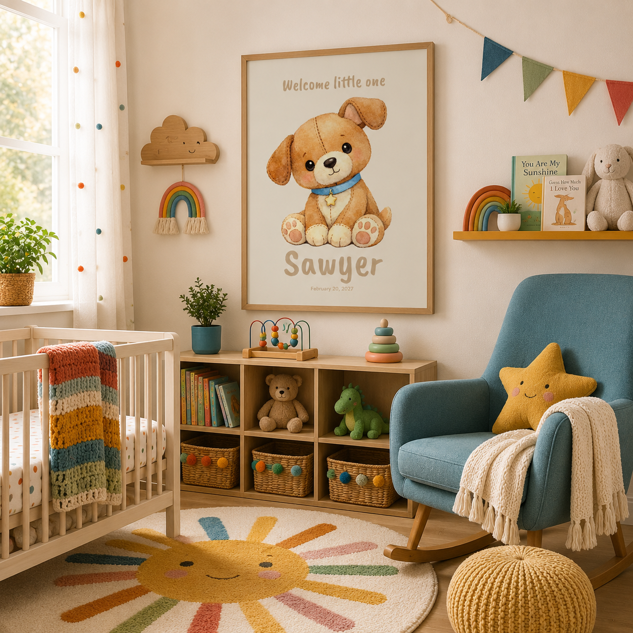 Cute puppy baby name poster displayed in nursery room setting