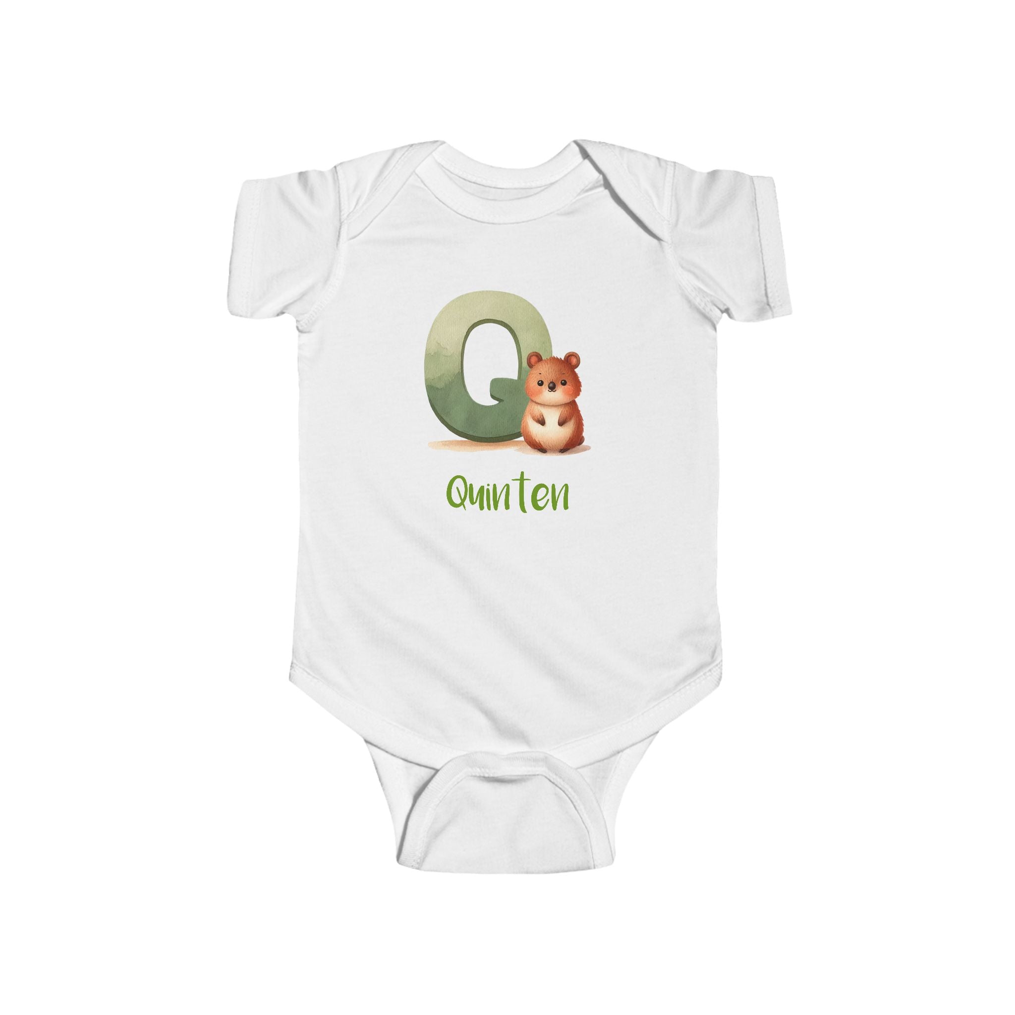 Personalized Q baby bodysuit with quokka – white cotton onesie with custom name