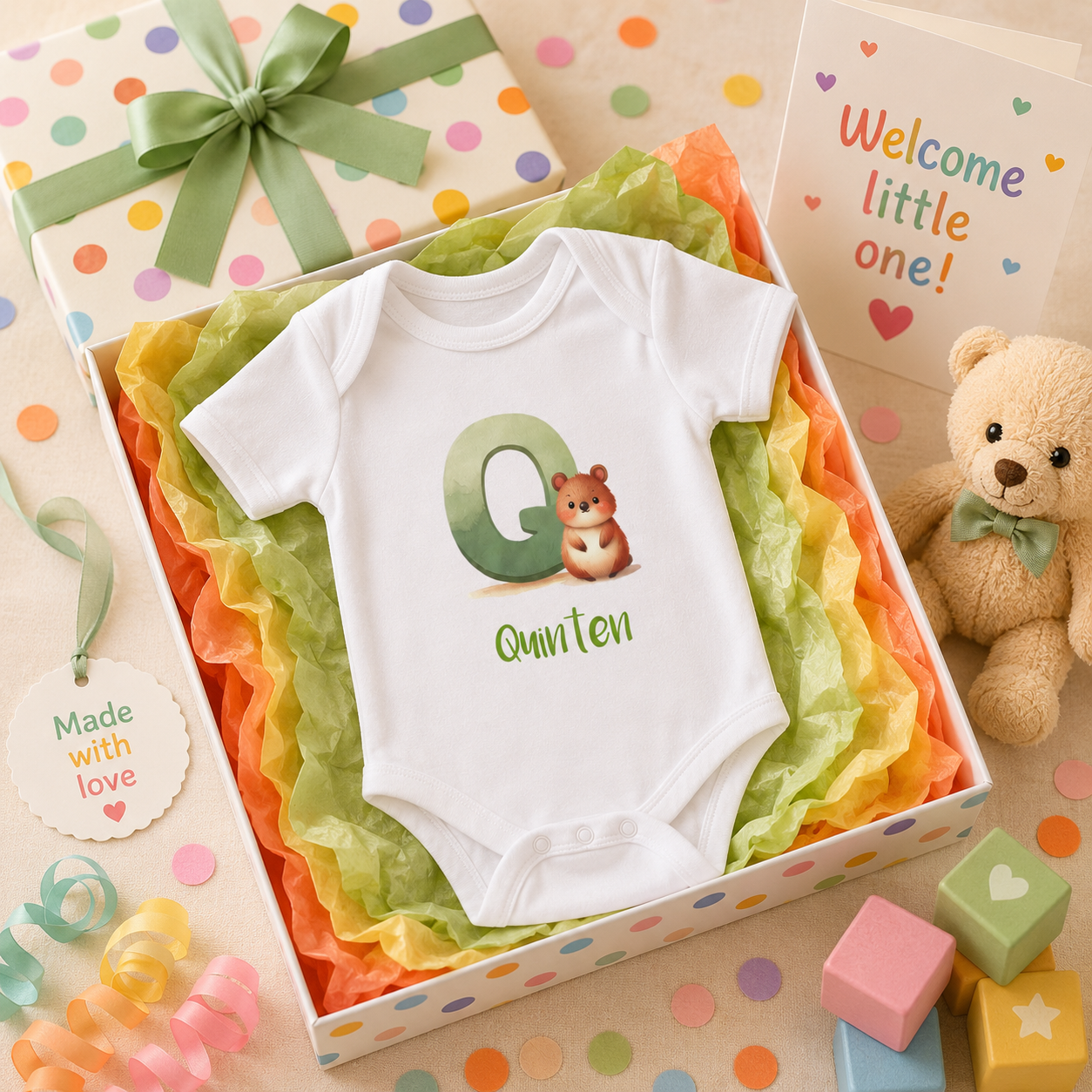 Close-up of Q initial and quokka on baby bodysuit
