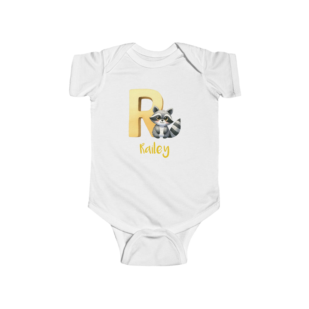 Personalized R baby bodysuit with raccoon – white cotton onesie with custom name