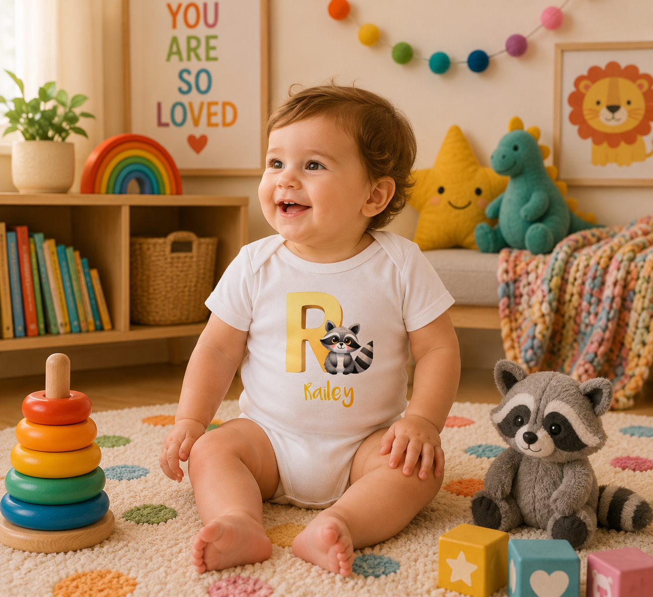 Initial R bodysuit with raccoon and name in script – flat lay