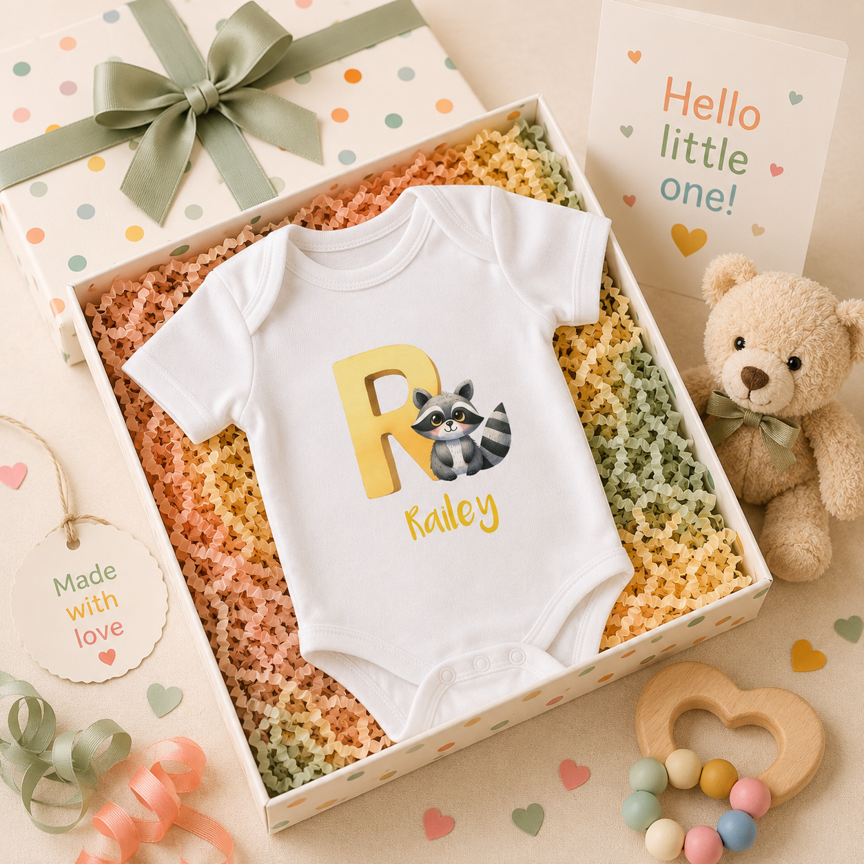 Close-up of R initial and raccoon on baby bodysuit