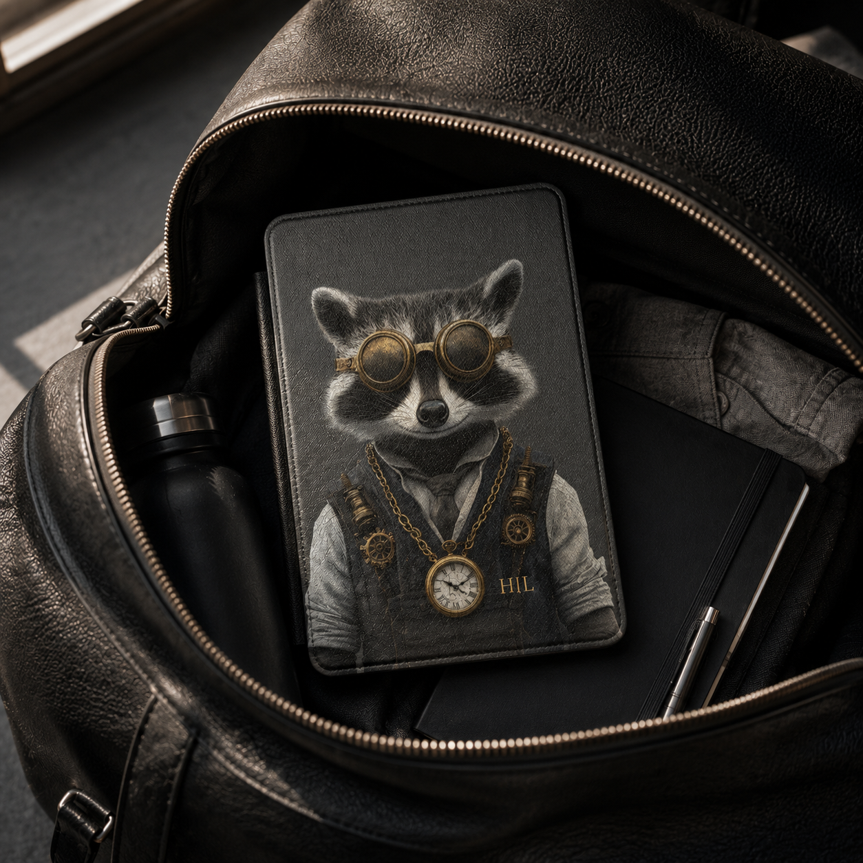 Personalized Raccoon Kindle case black Saffiano leatherette back cover shown in a black leather travel bag