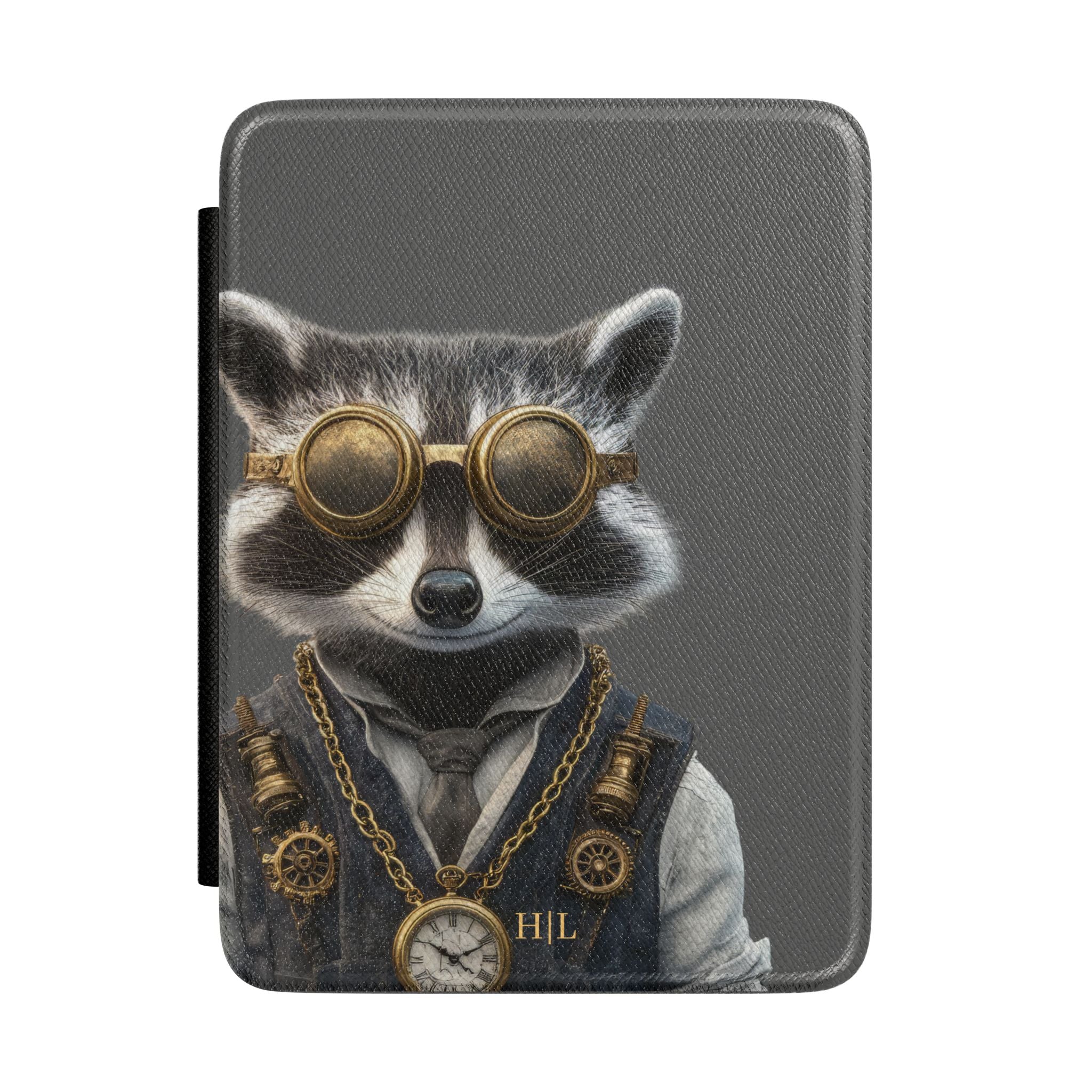 Personalized Raccoon Kindle case front cover design with custom initials