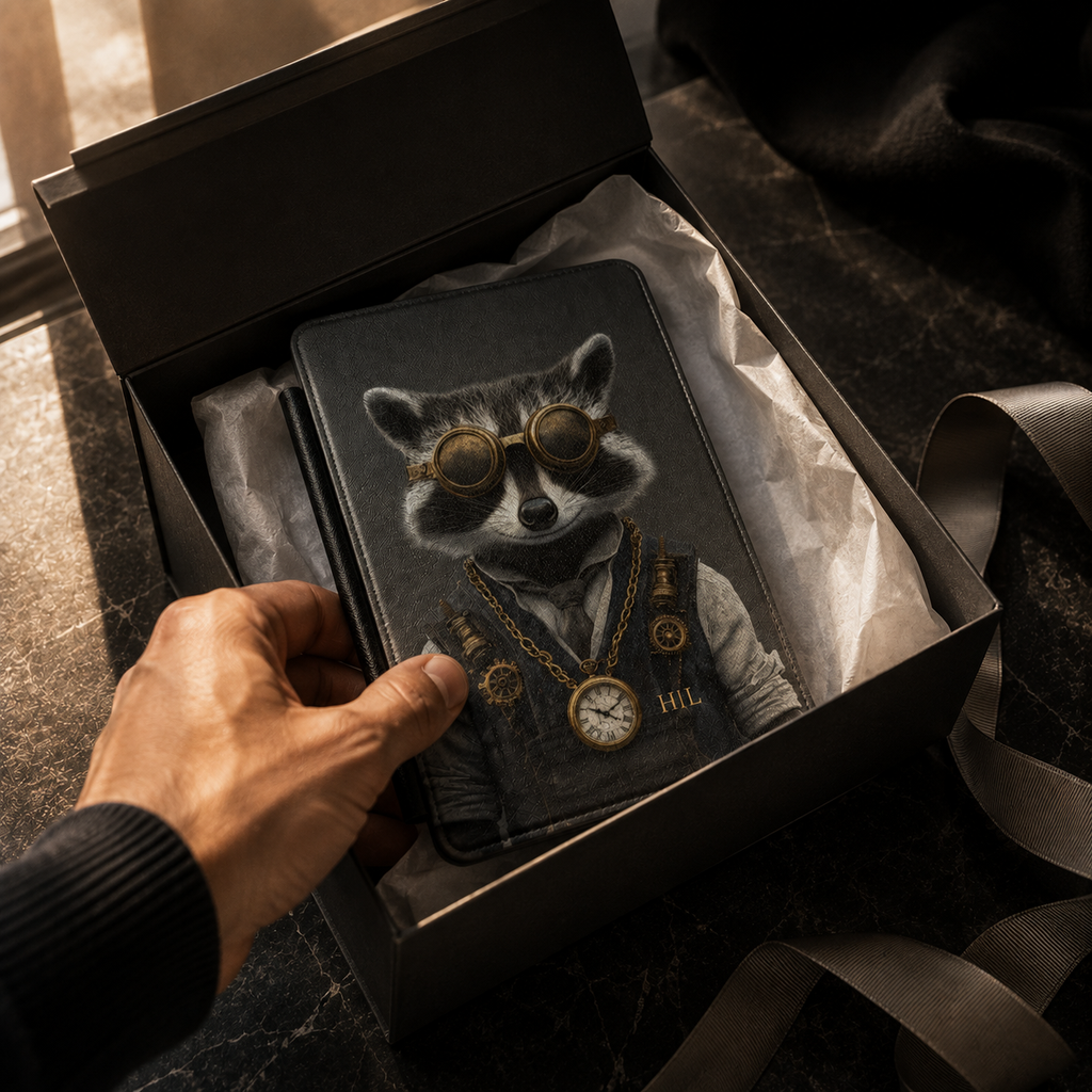 Personalized Raccoon Kindle case shown as a personalized gift