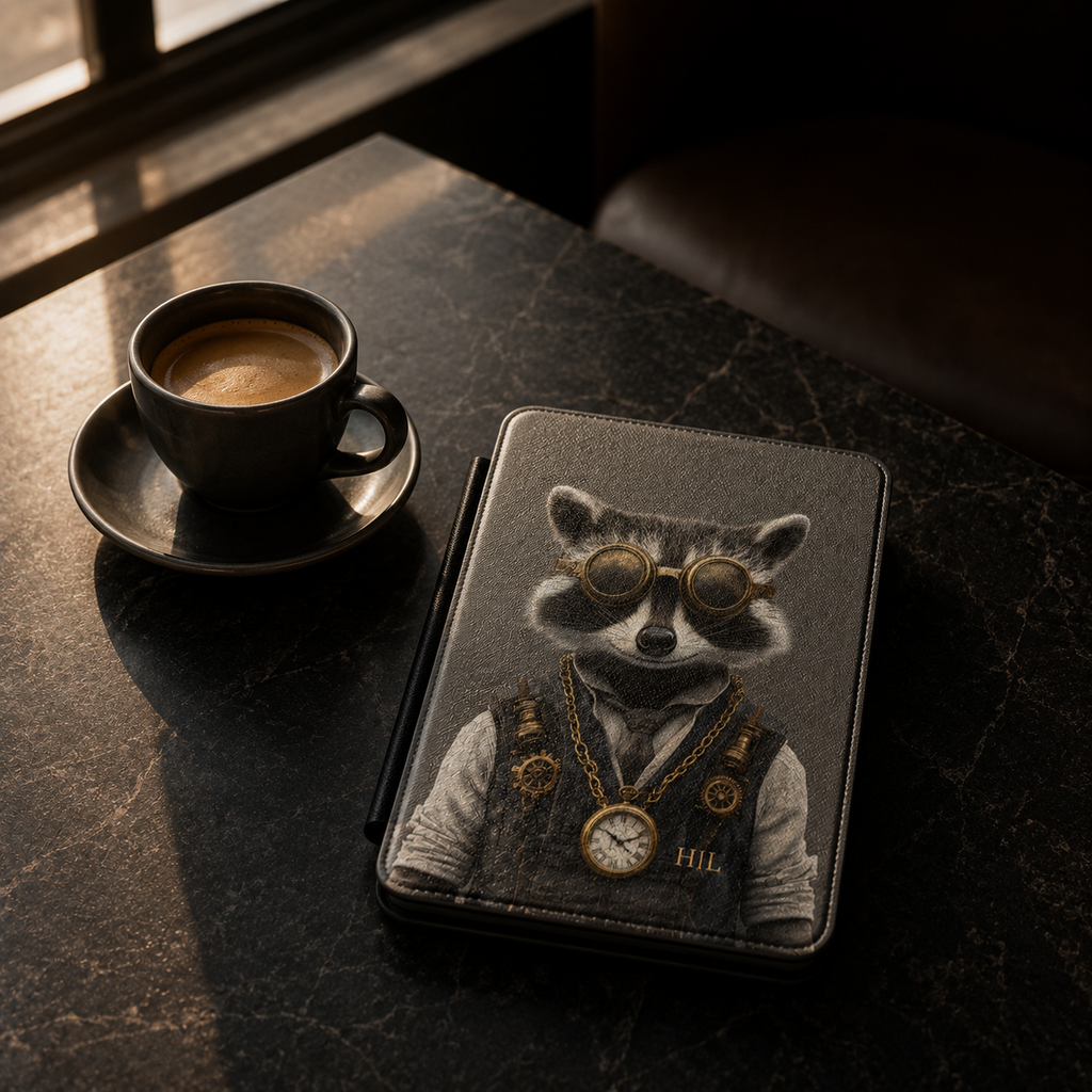 Personalized Raccoon Kindle case shown on a black marble coffee table