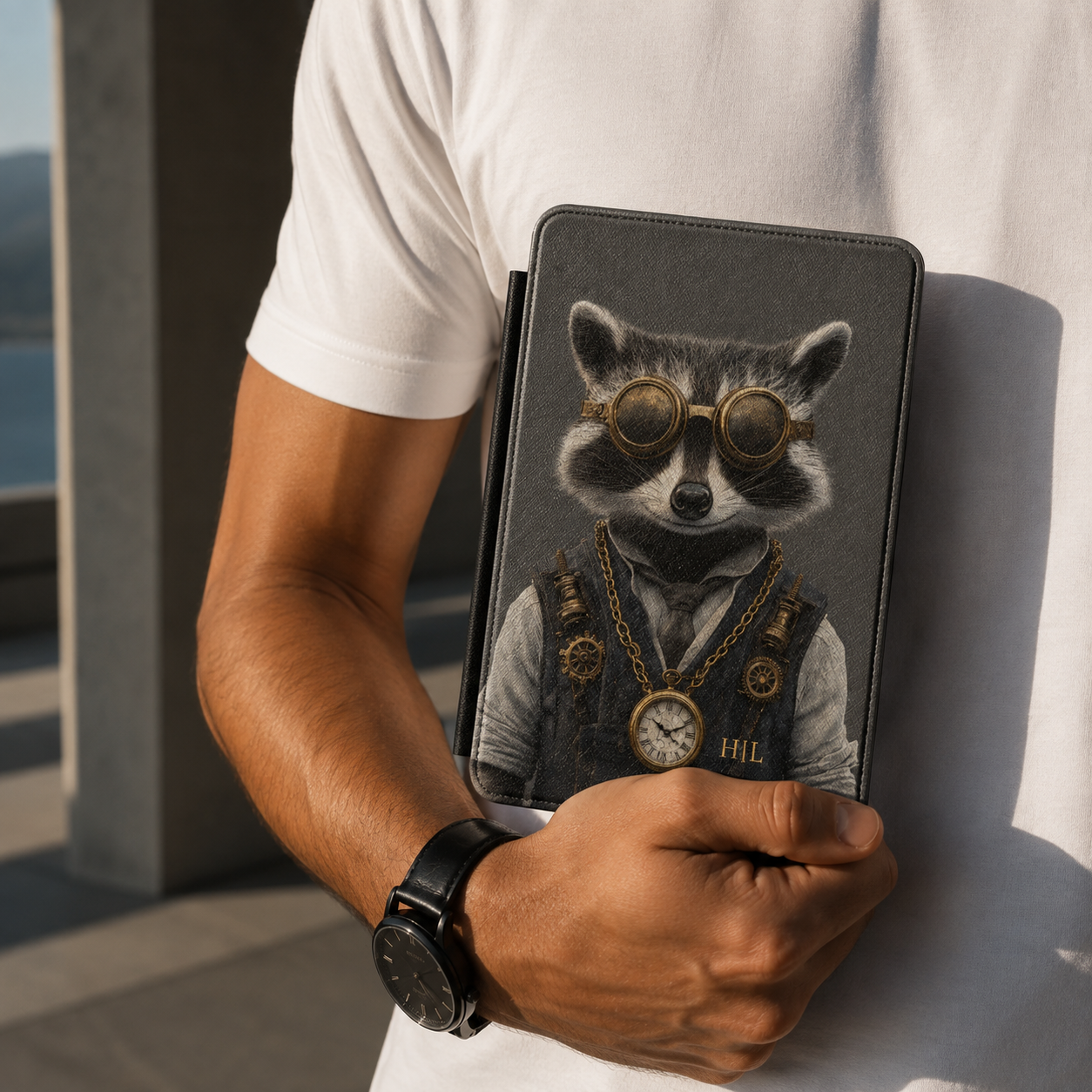 Personalized Raccoon Kindle case held in hand in front of white t-shirt