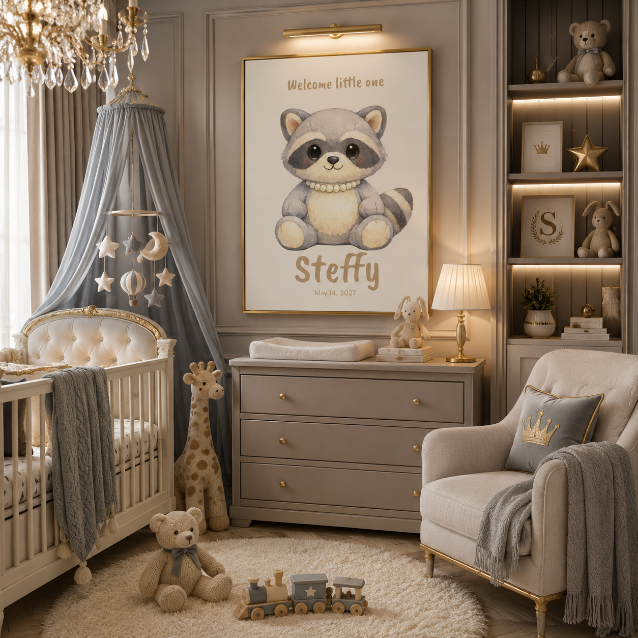 Close-up of raccoon nursery poster showing personalized name and birth date