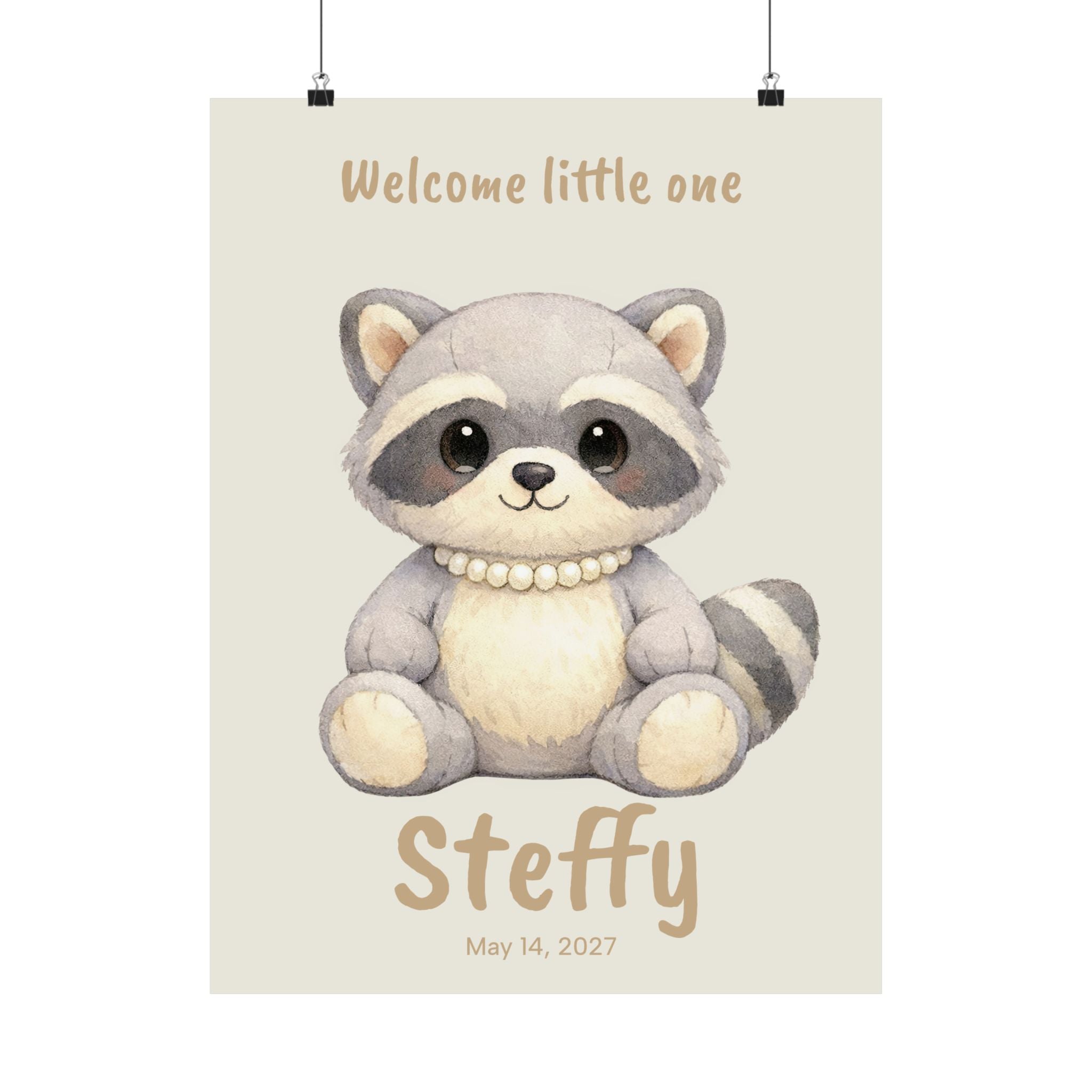 Personalized raccoon with pearl necklace nursery poster, custom baby name and birth date