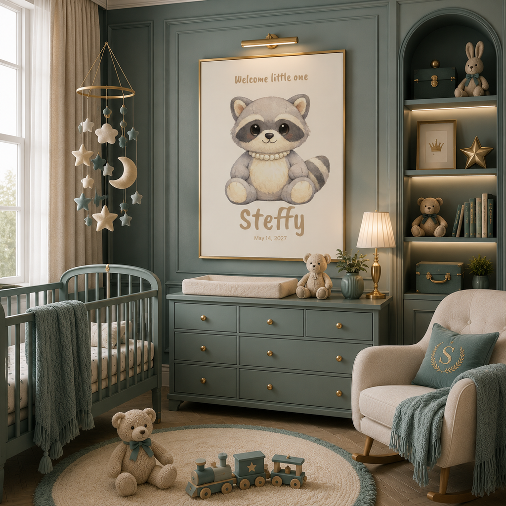 Soft grey raccoon baby name poster displayed in woodland nursery room