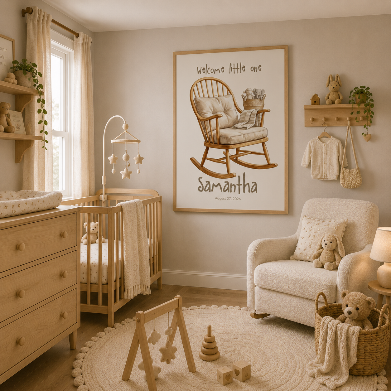 Detail of personalized rocking chair poster showing name and birth date