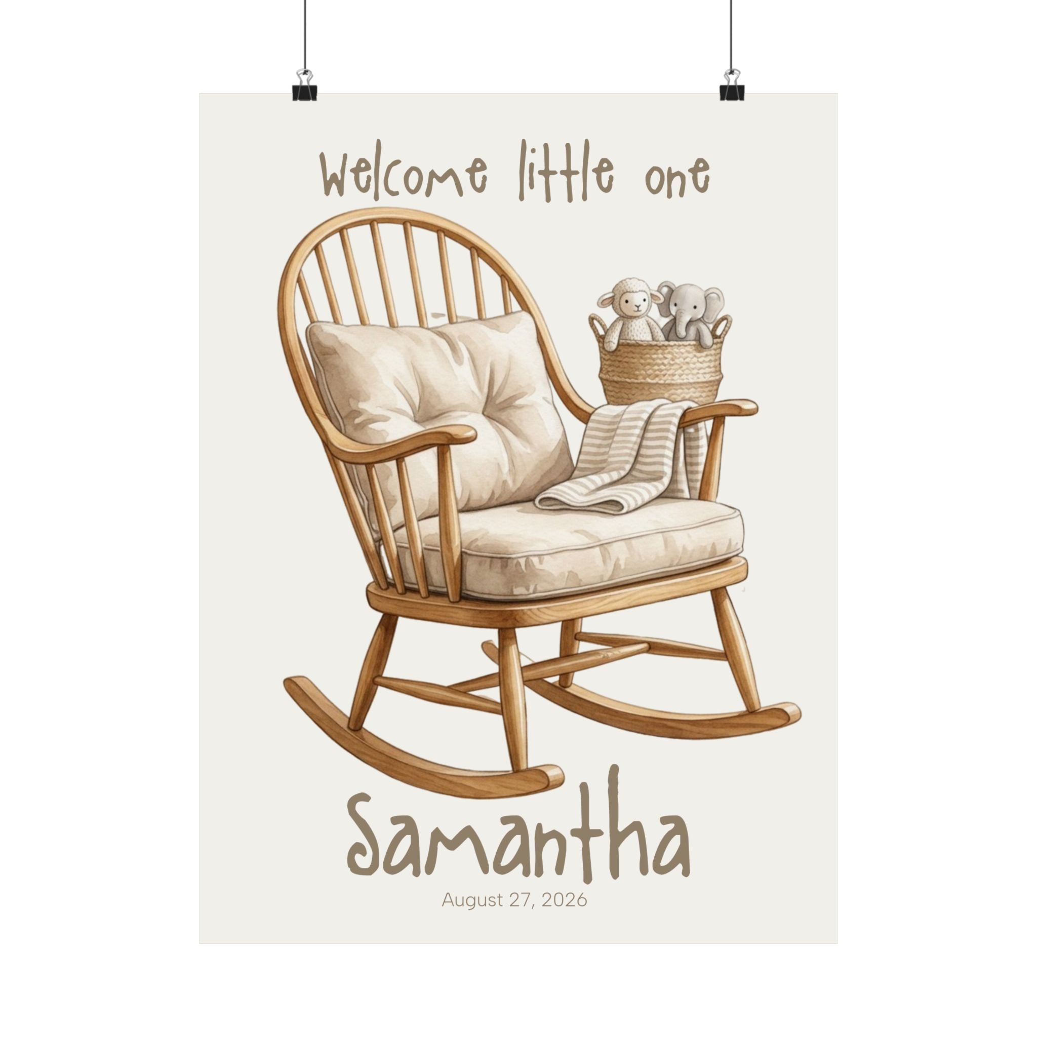 Personalized rocking chair nursery poster with custom baby name and birth date