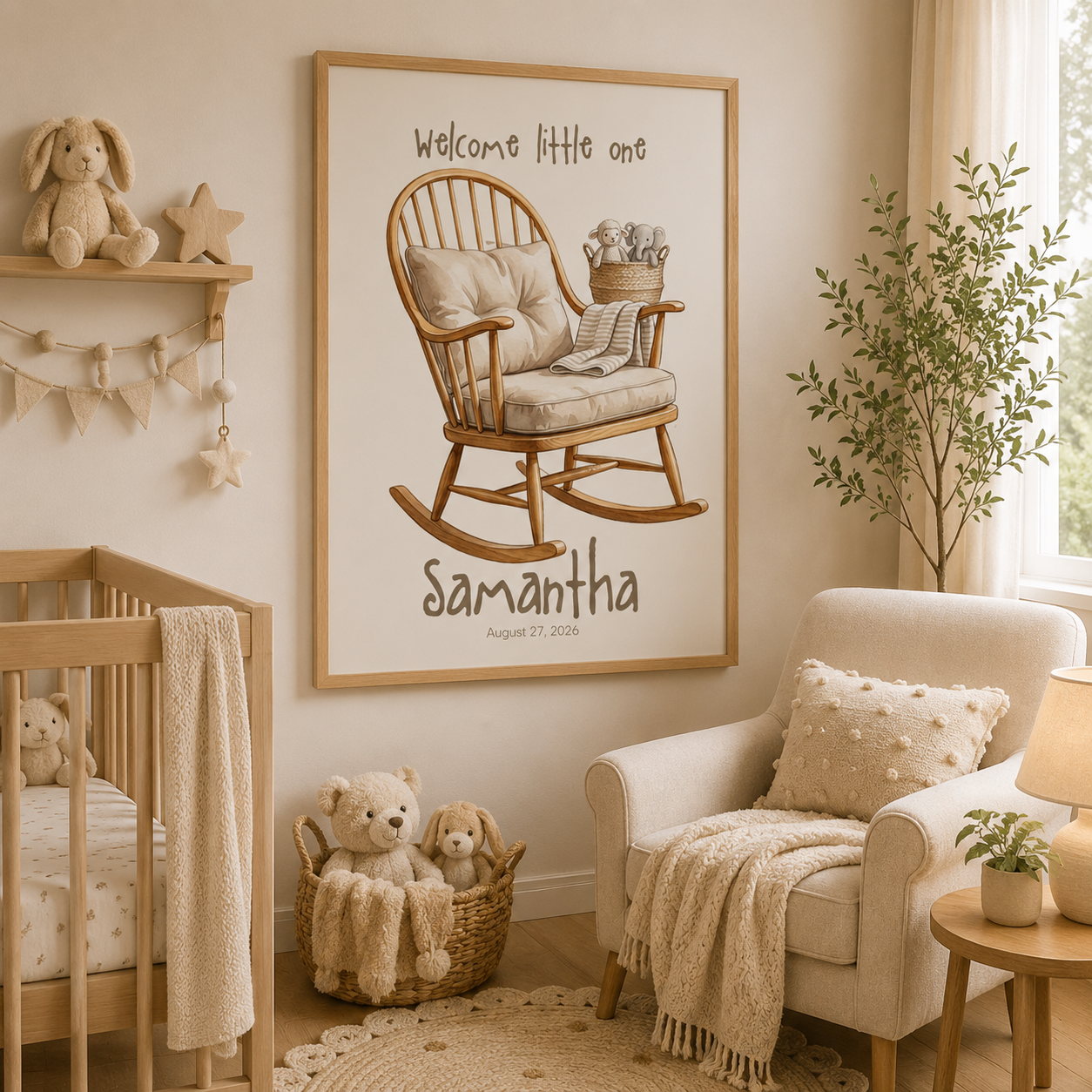 Rocking chair nursery poster displayed in baby room setting