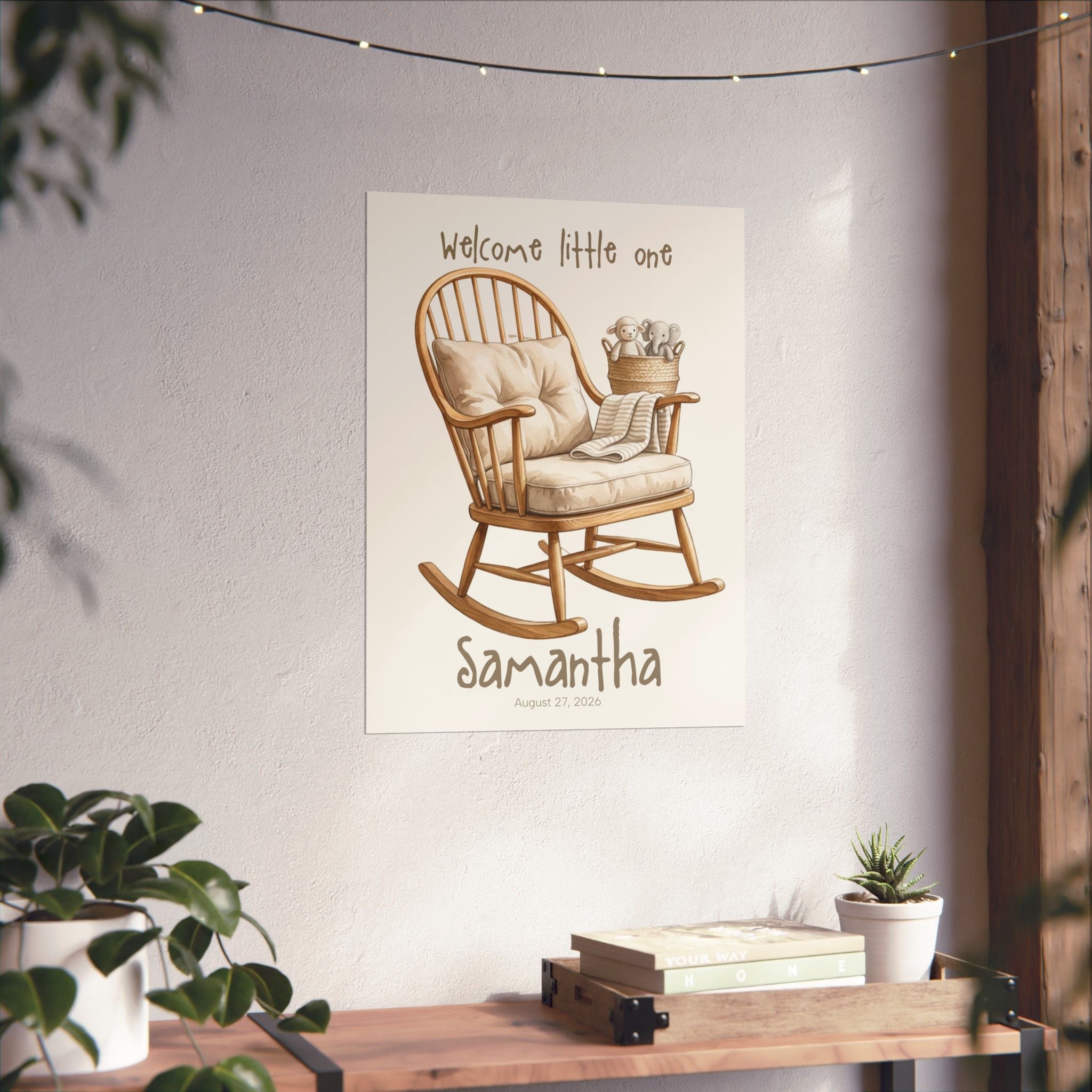 Rocking chair nursery art print on wall above crib