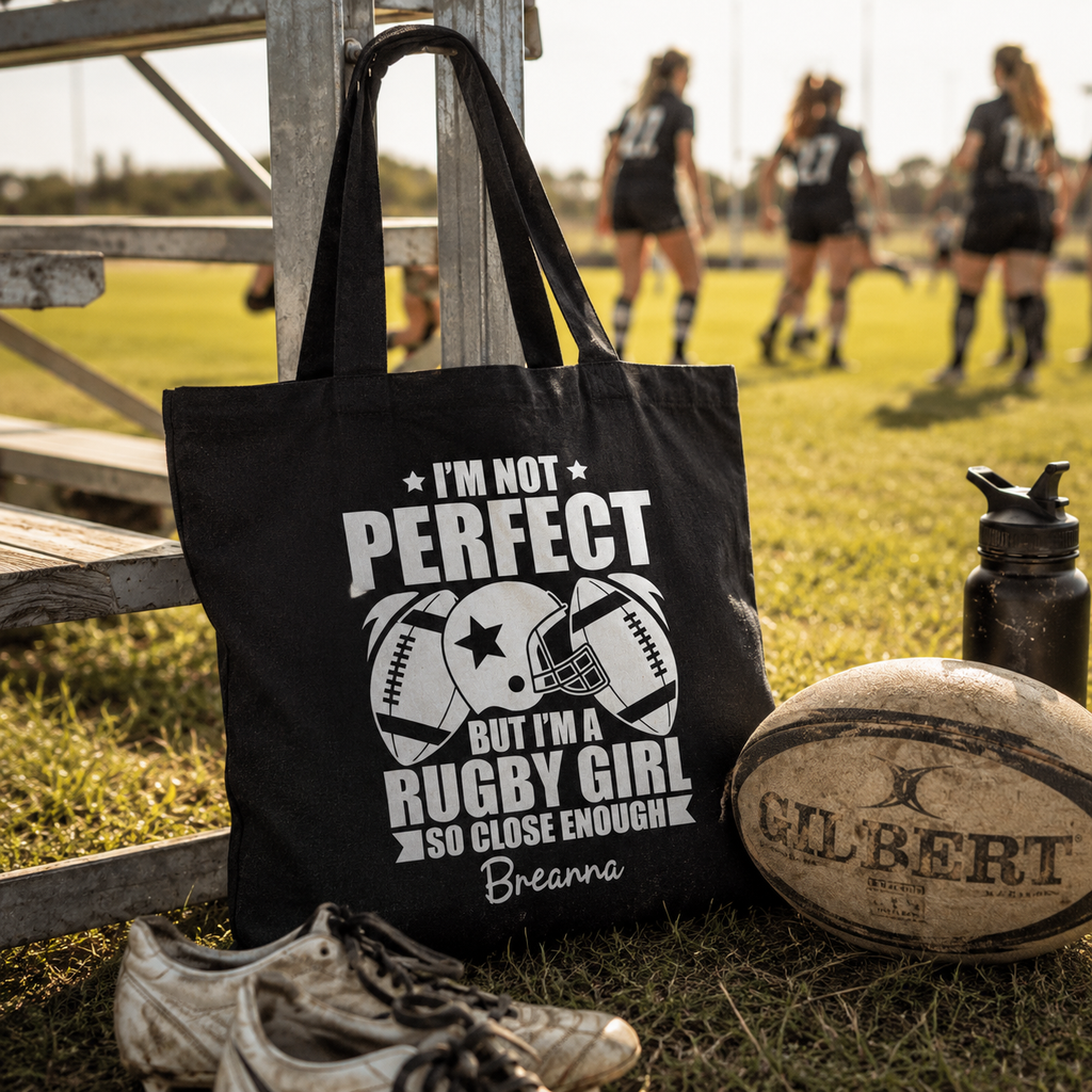 Personalized rugby girl canvas tote bag styled in a home setting