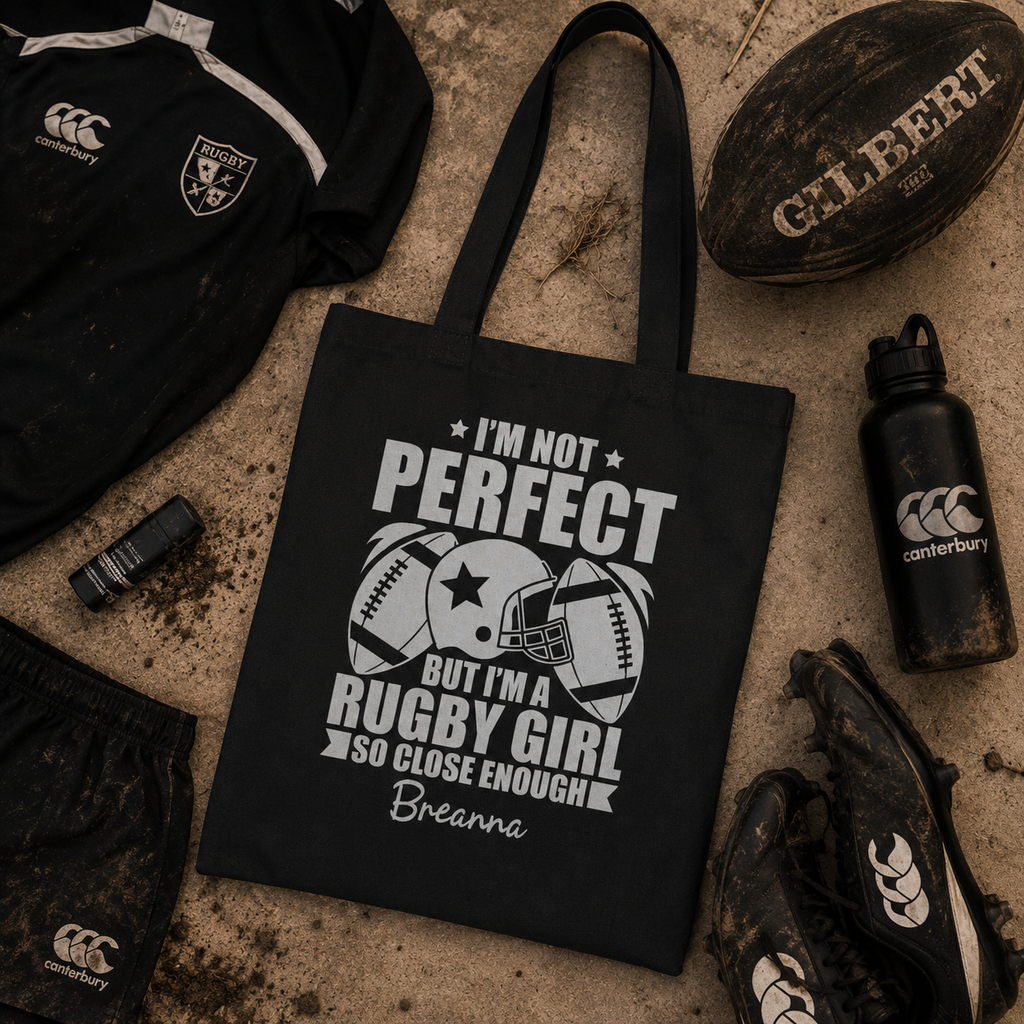 Personalized rugby girl canvas tote bag size and dimensions reference