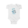 Personalized S baby bodysuit with seal – white cotton onesie with custom name