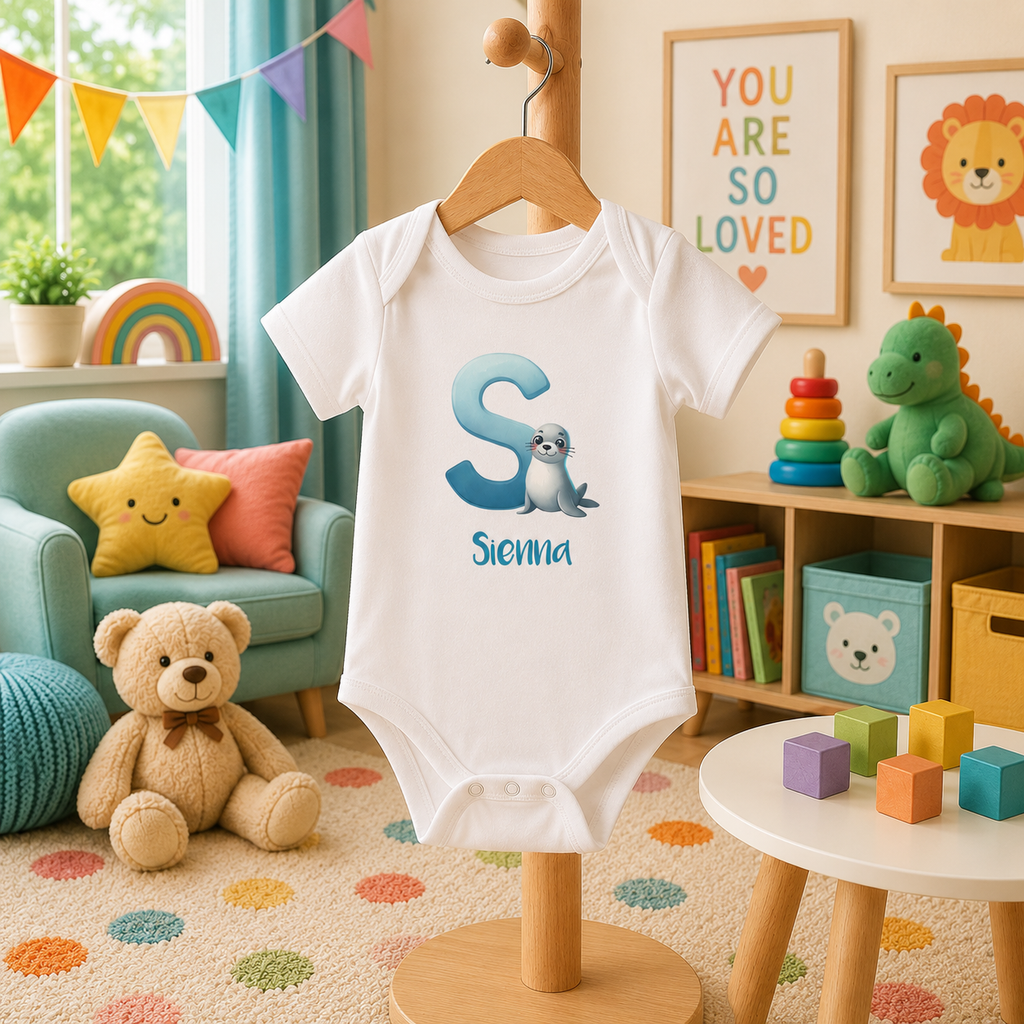 Initial S bodysuit with seal and name in script – flat lay