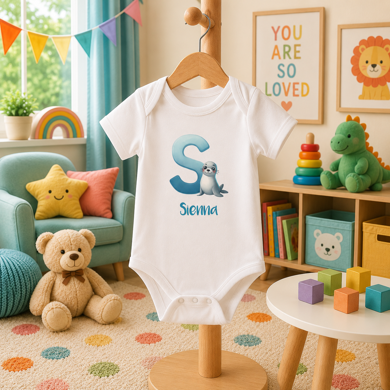Initial S bodysuit with seal and name in script – flat lay