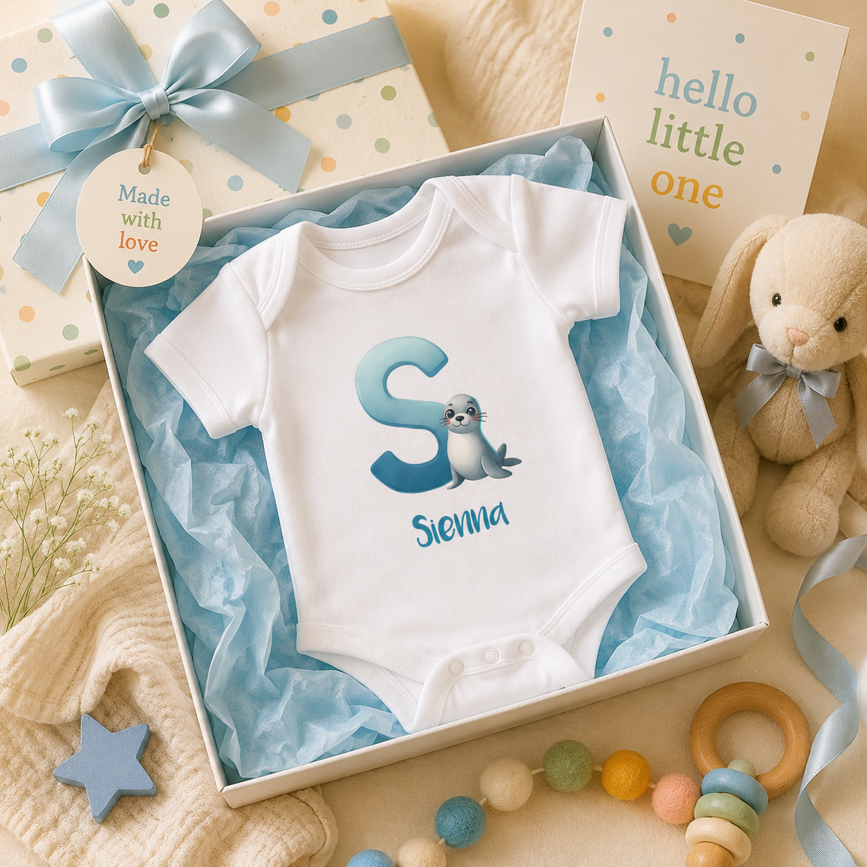 Close-up of S initial and seal on baby bodysuit