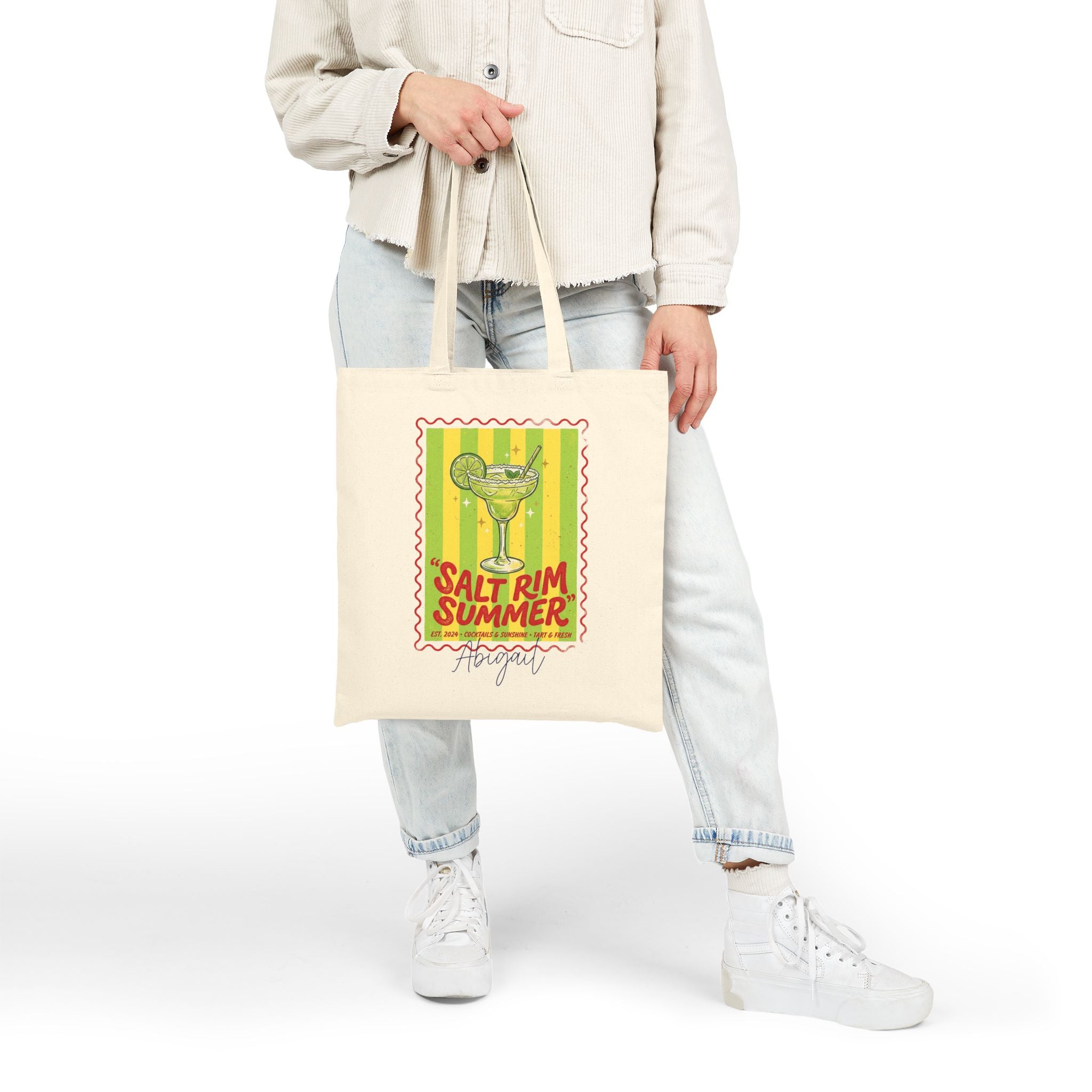 Personalized salt rim summer canvas tote bag styled in a home setting