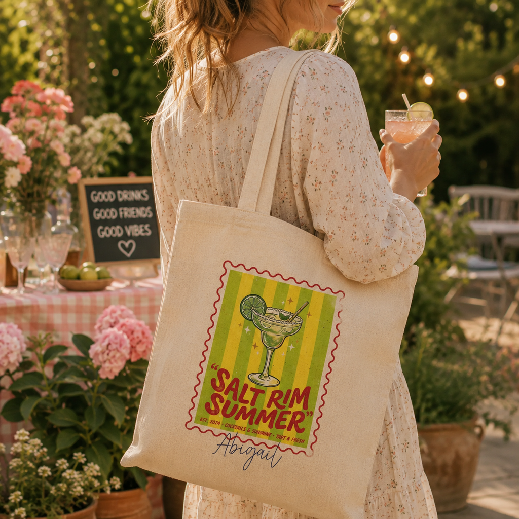 Personalized salt rim summer tote bag shown worn on shoulder, lifestyle photo