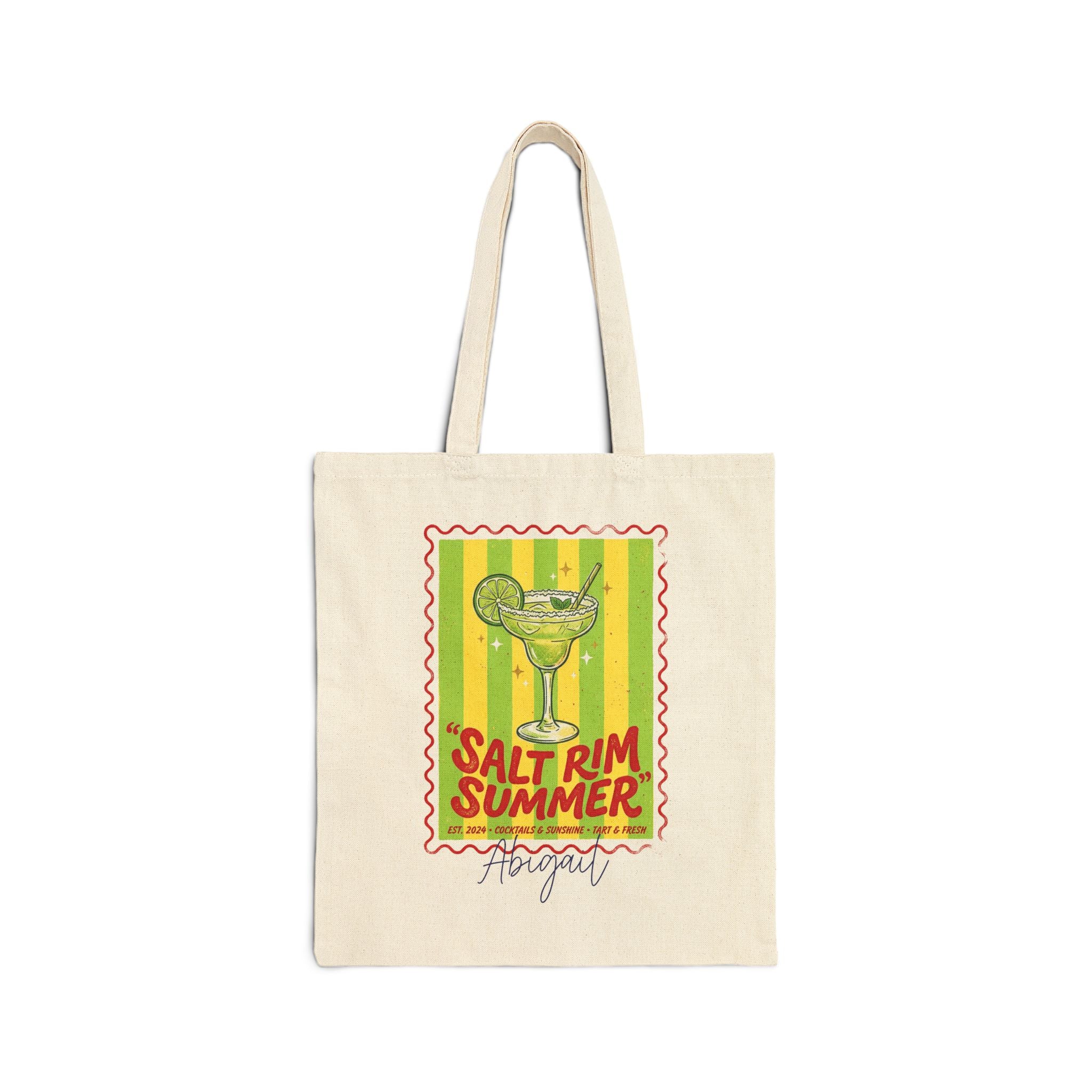 Personalized margarita canvas tote bag with custom name, salt rim summer design