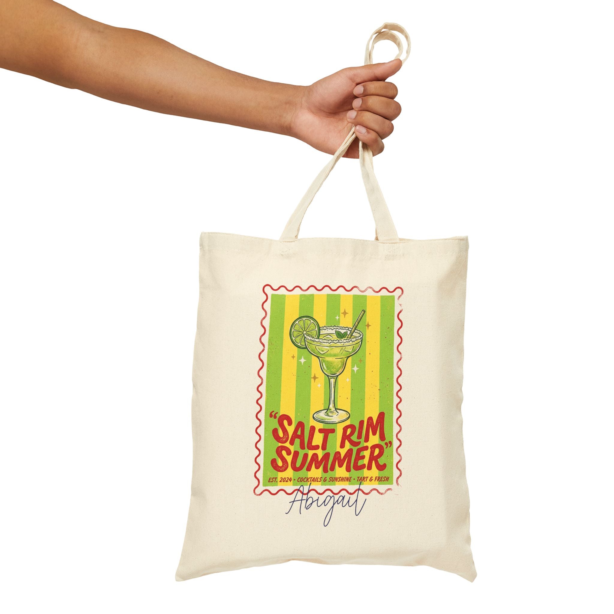 Personalized salt rim summer canvas tote bag size and dimensions reference