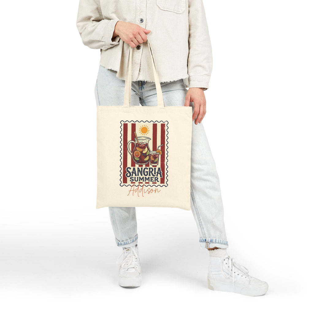Personalized sangria summer canvas tote bag styled in a home setting