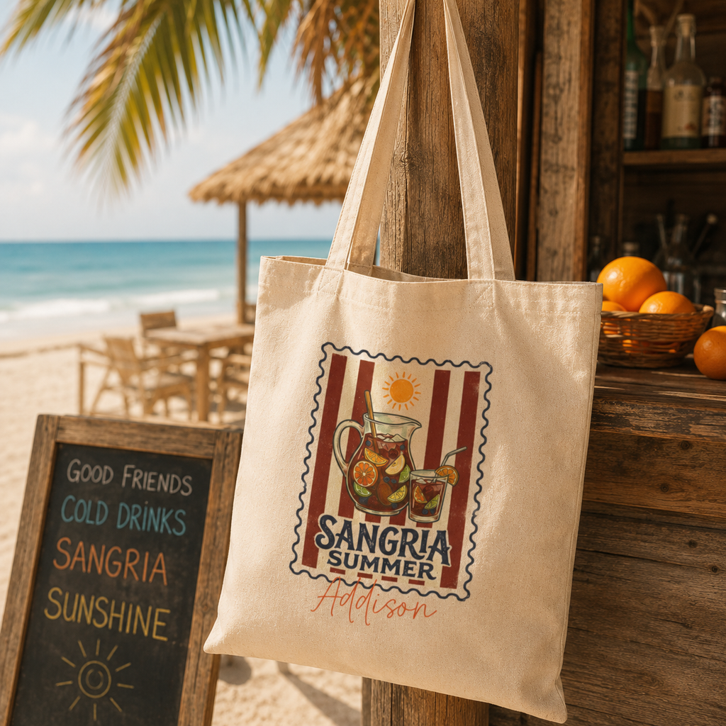 Personalized sangria summer tote bag shown worn on shoulder, lifestyle photo