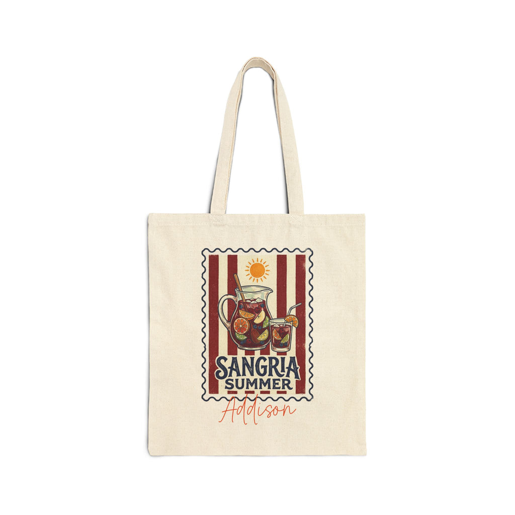 Personalized sangria summer canvas tote bag with custom name, sangria pitcher and fruit design