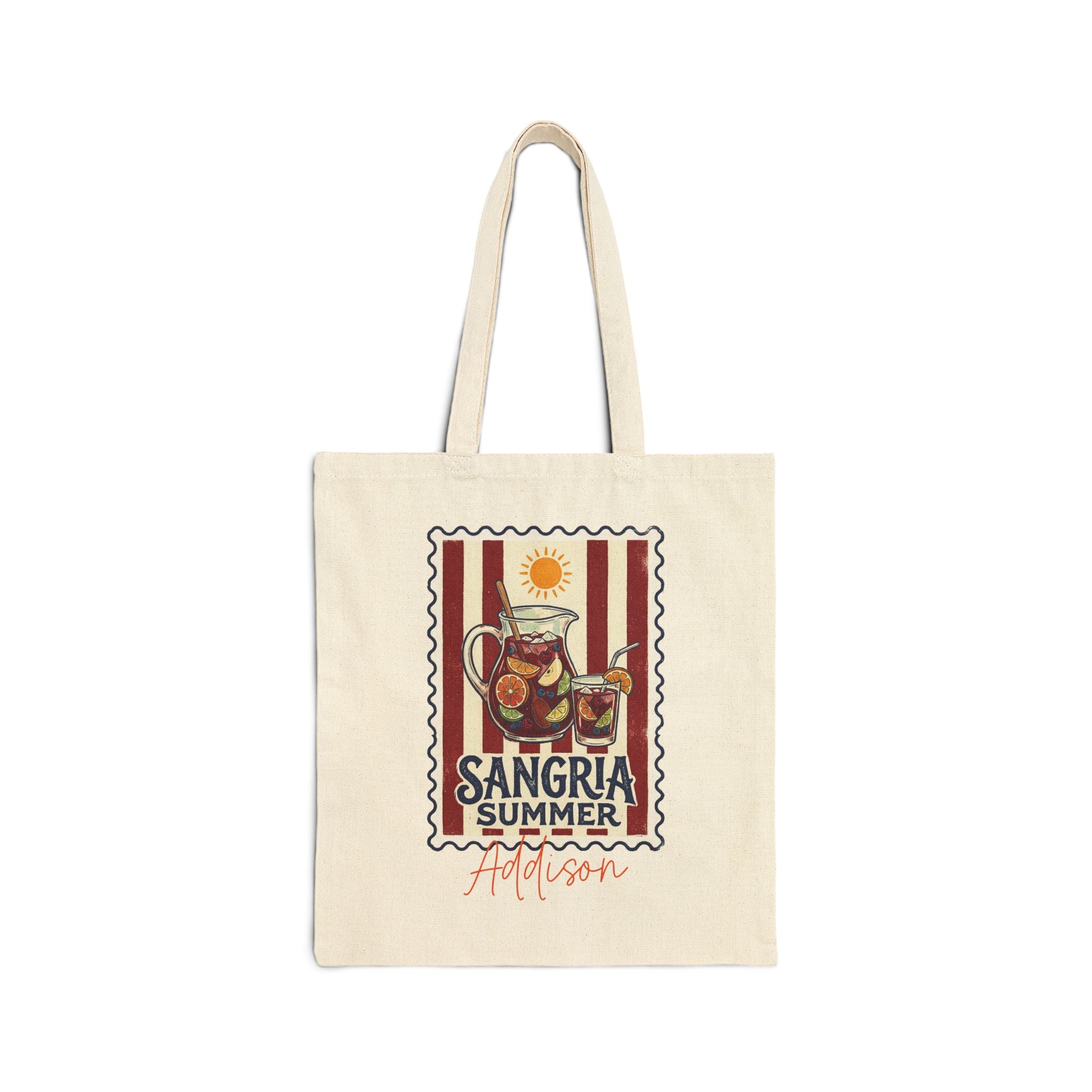 Personalized sangria summer canvas tote bag with custom name, sangria pitcher and fruit design