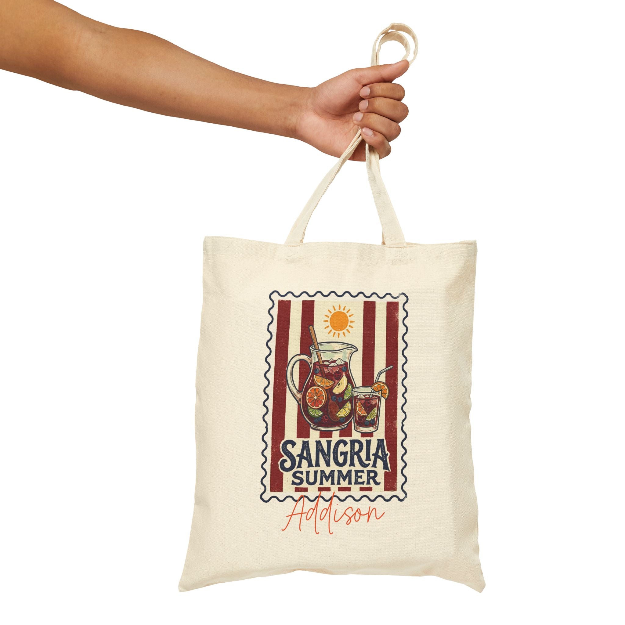 Personalized sangria summer canvas tote bag size and dimensions reference