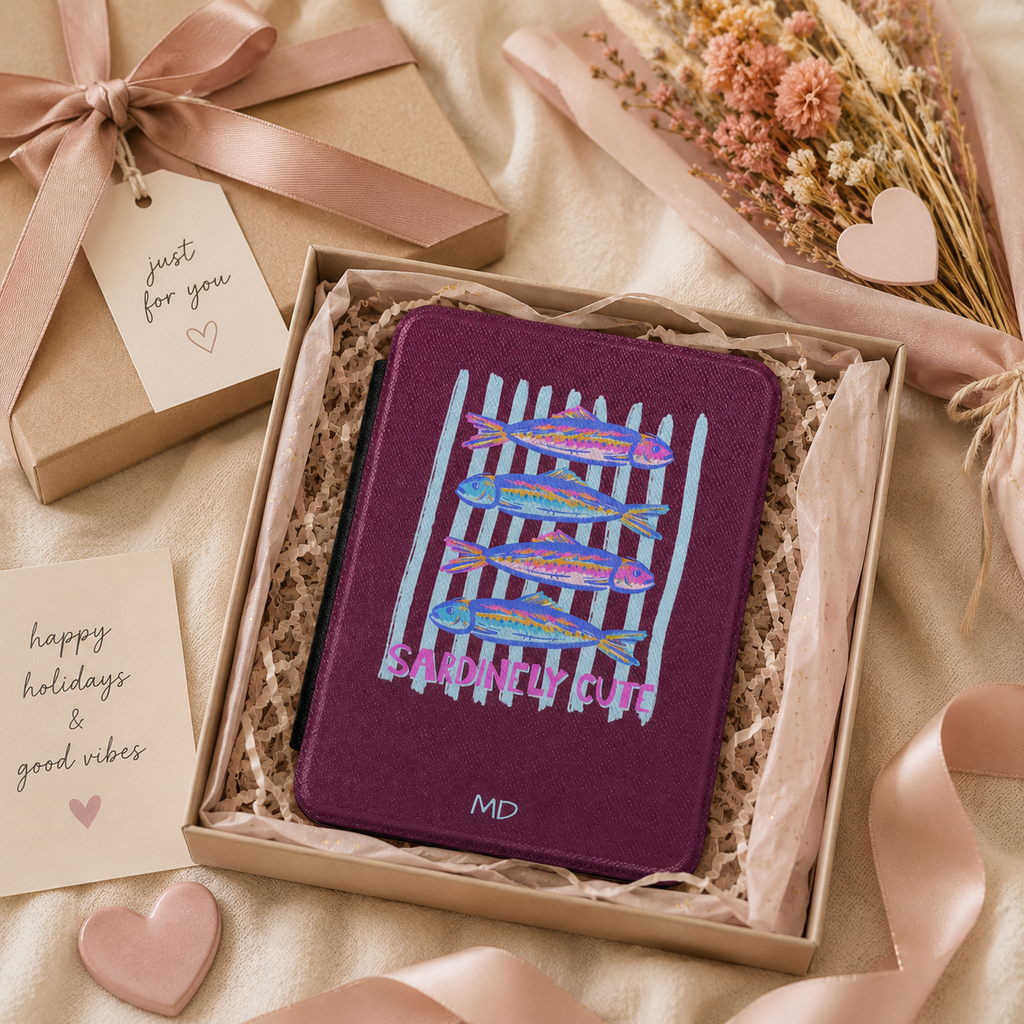 Personalized sardine kindle case styled as a wrapped gift