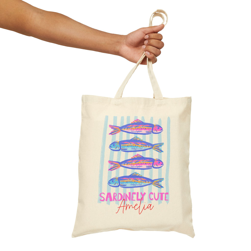 Personalized sardinely cute canvas tote bag styled in a home setting