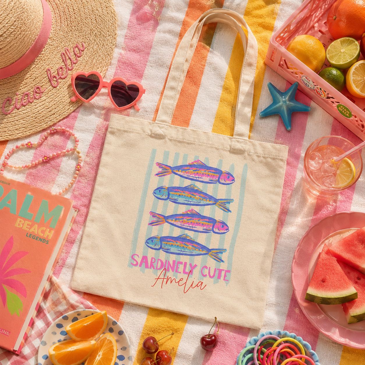 Personalized sardinely cute tote bag shown worn on shoulder, lifestyle photo